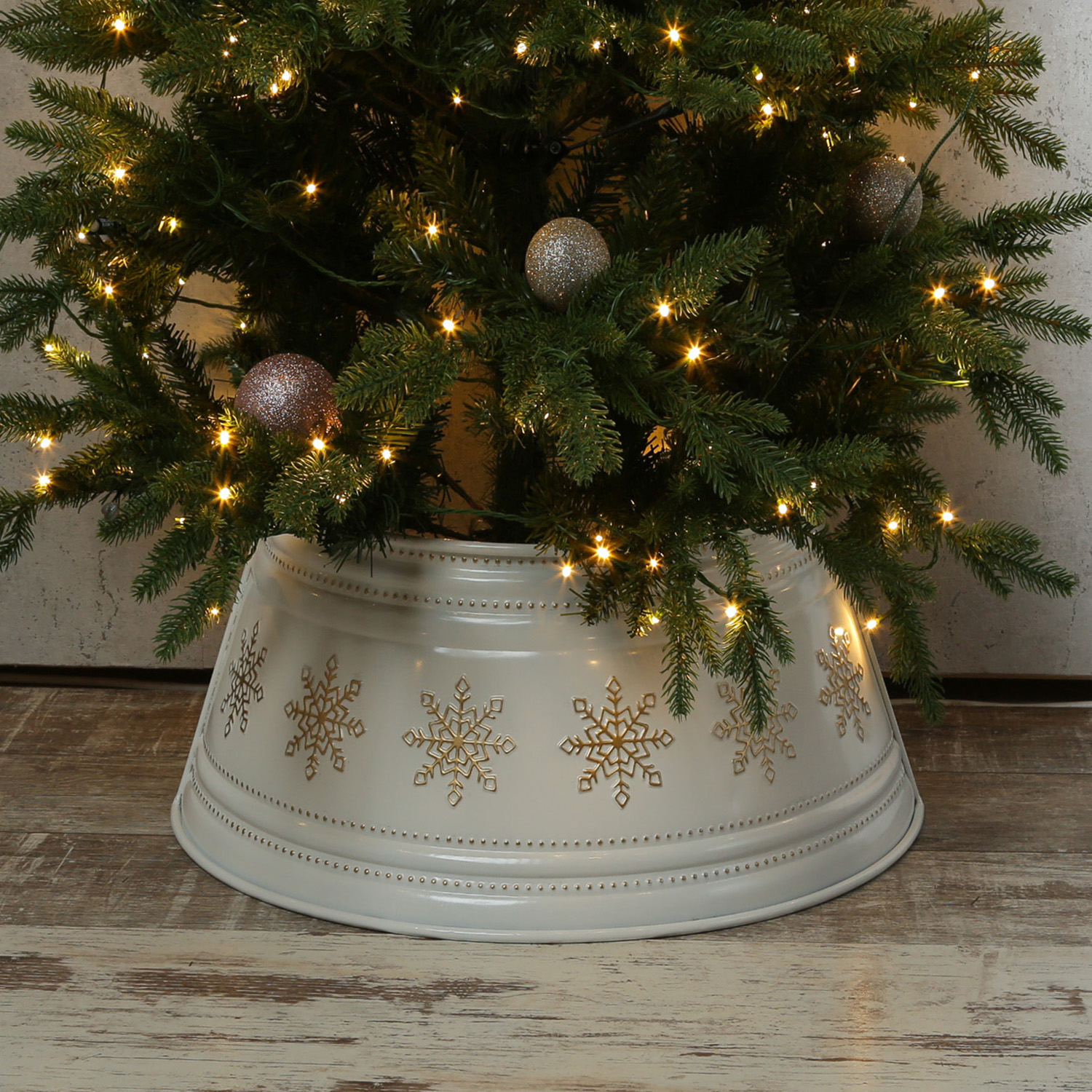 Weihnachtsbaumrock mit Schneeflocken - Abdeckung für Baumständer - D: 57cm - 2-teilig - weiß, gold Weihnachtsbaumrock mit Schneeflocken - Abdeckung für Baumständer - D: 57cm - 2-teilig - weiß, gold