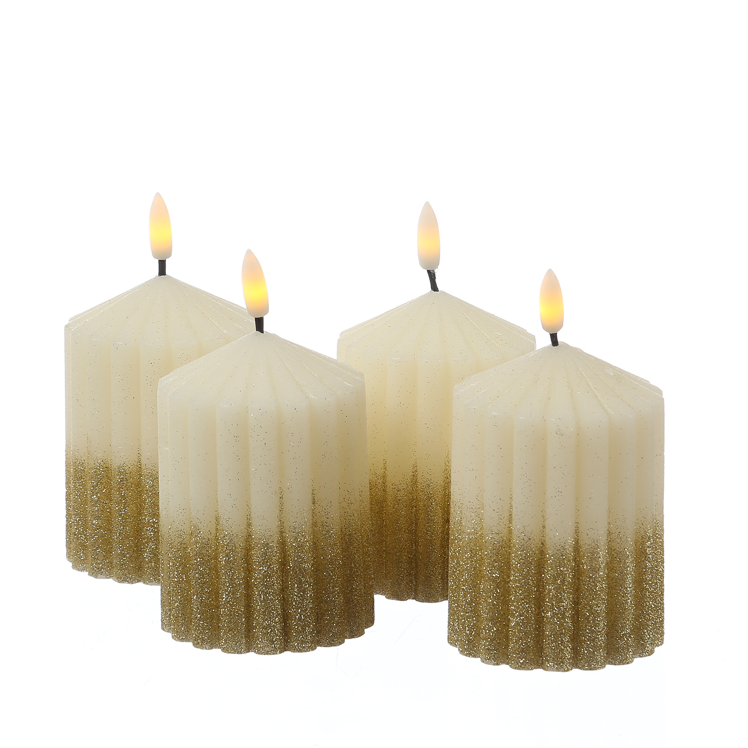 LED Kerzenset LIV - gerillt - Echtwachs - H: 10cm - D: 7cm - Timer - weiß/gold - 4er Set