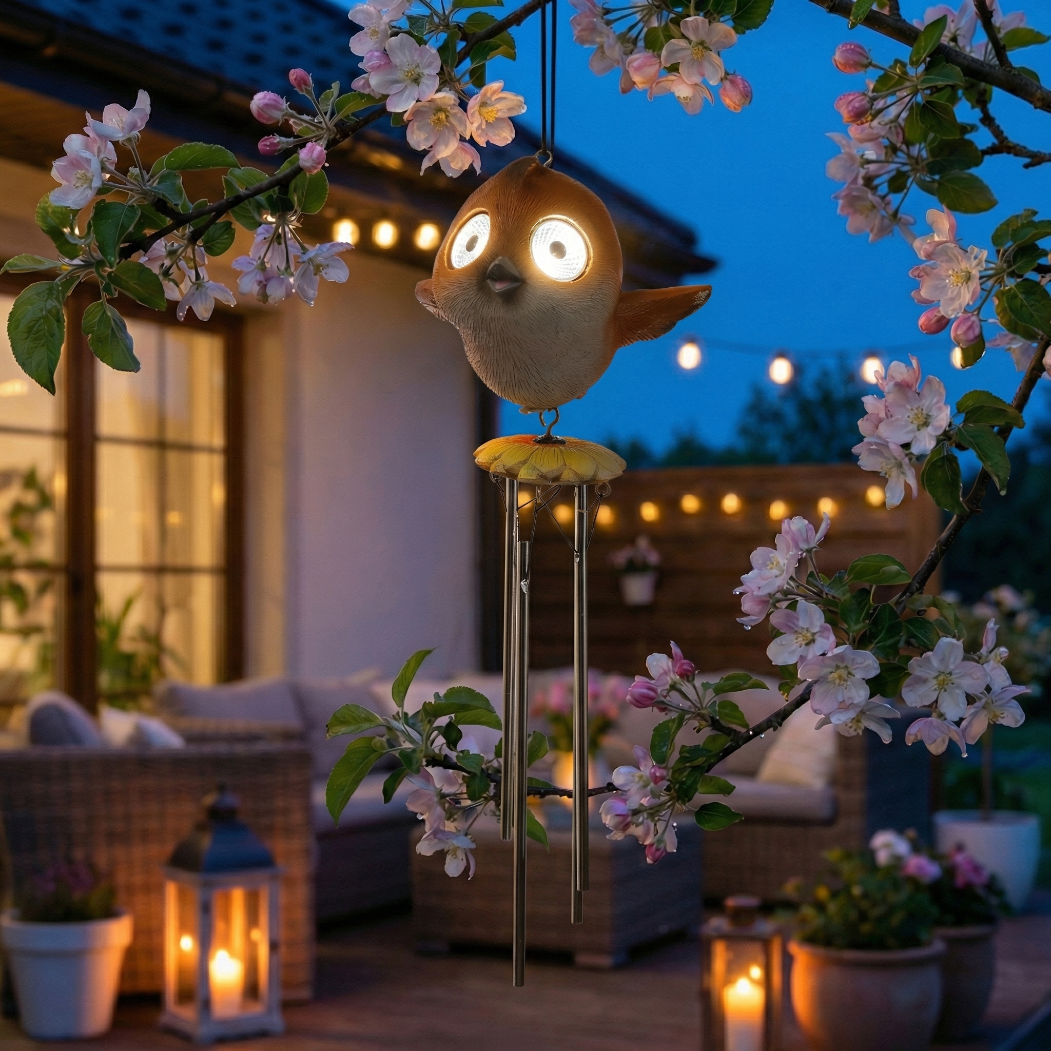 LED Solar Windspiel Vogel - Klangspiel mit Vögelchen mit leuchtenden Augen - H: 29cm - Lichtsensor
