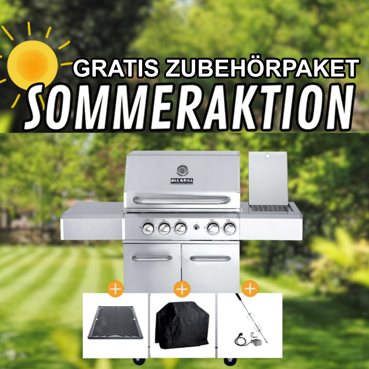CHEF Paket S2 silber 2 Brenner Backburner Seitenkocher Steakzone GRATISCover- Grillplatte- Spieß