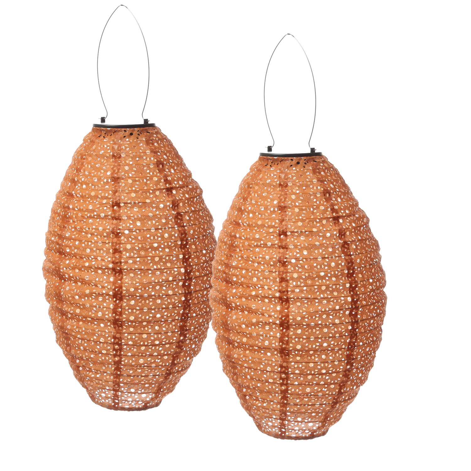 LED Solar Lampions oval - mit Blumenmuster - H: 38cm - D: 23cm - Lichtsensor - braun - 2er Set