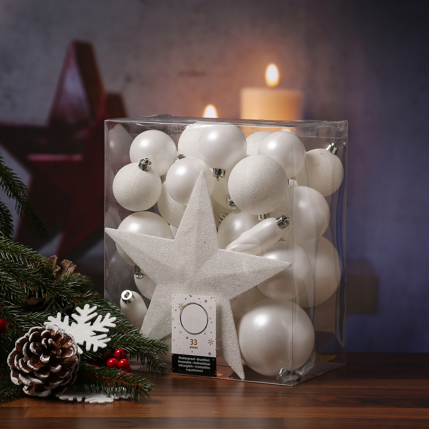 Christbaumkugel - Weihnachtsbaumkugel - bruchfest - glänzend, matt und glitzernd - weiß - 33er Set