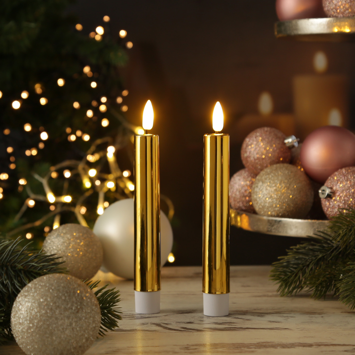 LED Stabkerzen - Tafelkerzen aus Kunststoff - H: 17cm - Timer - gold glänzend - 2er Set LED Stabkerzen - Tafelkerzen aus Kunststoff - H: 17cm - Timer - gold glänzend - 2er Set