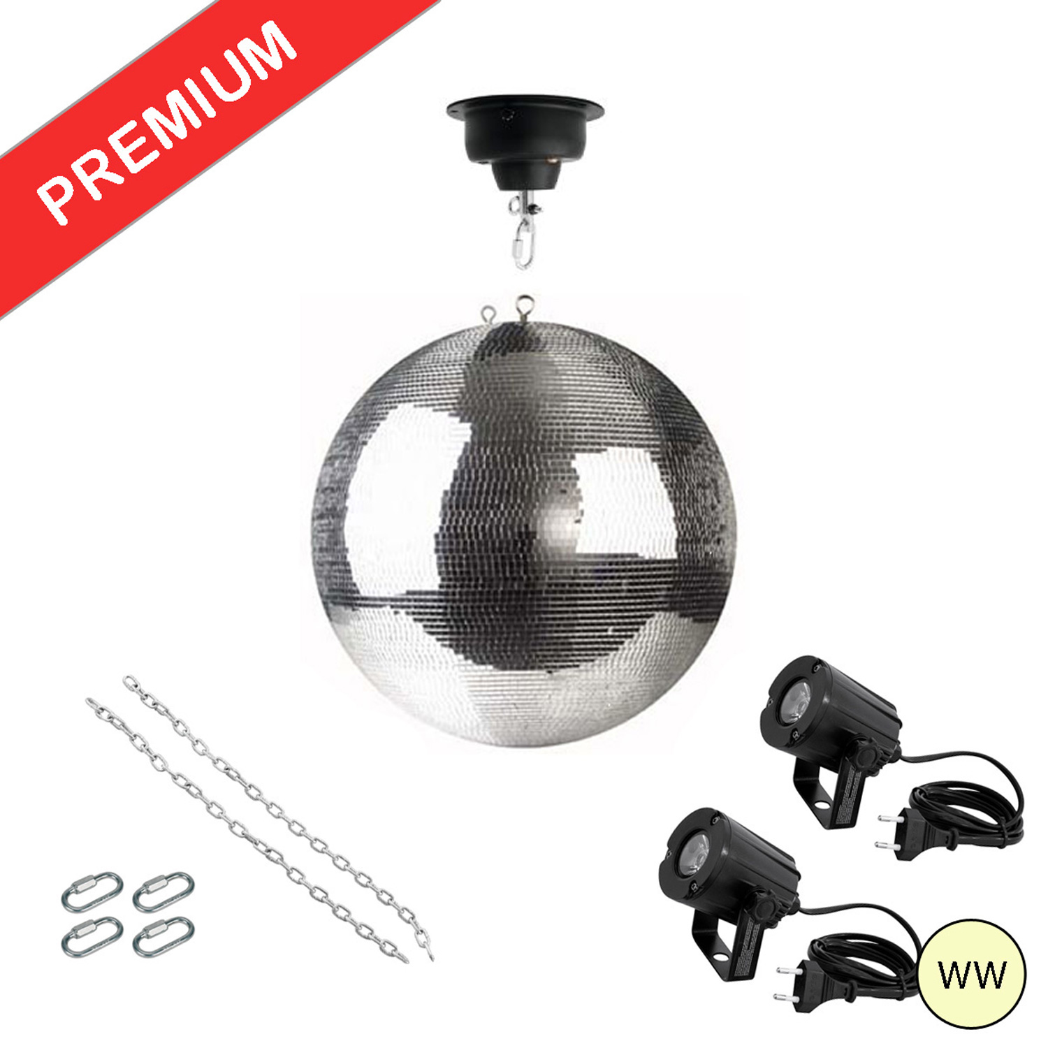 Spiegelkugel Komplettset - Discokugel, Motor, Pinspot, Montagematerial für Diskokugel - Mirrorball Set - Partyset