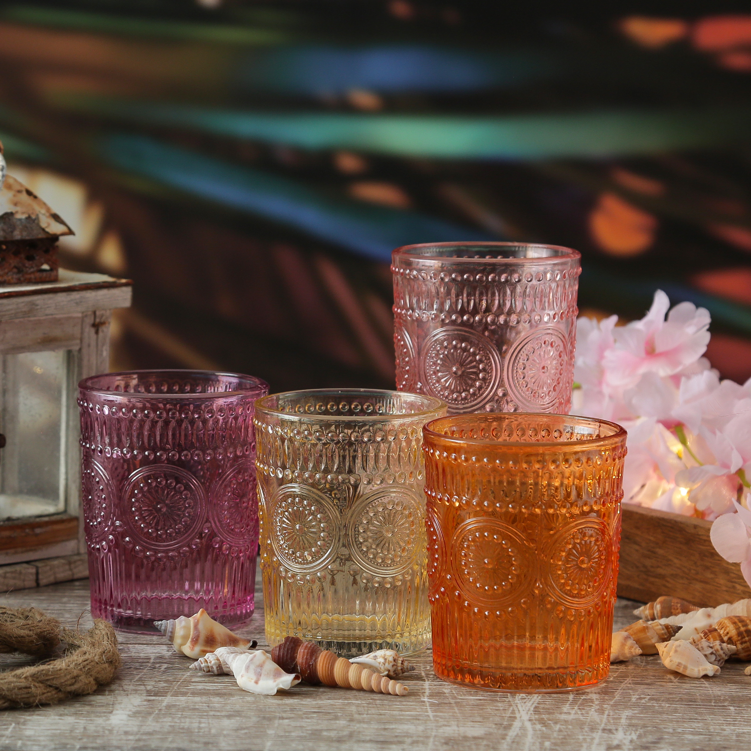 Trinkglas Vintage - Glas - lebensmittelecht - 280ml - H: 10cm - mit Muster - lila