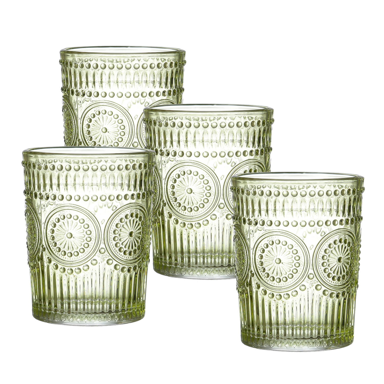 Trinkgläser Vintage - Glas - lebensmittelecht - 280ml - H: 10cm - mit Muster - grün - 4er Set