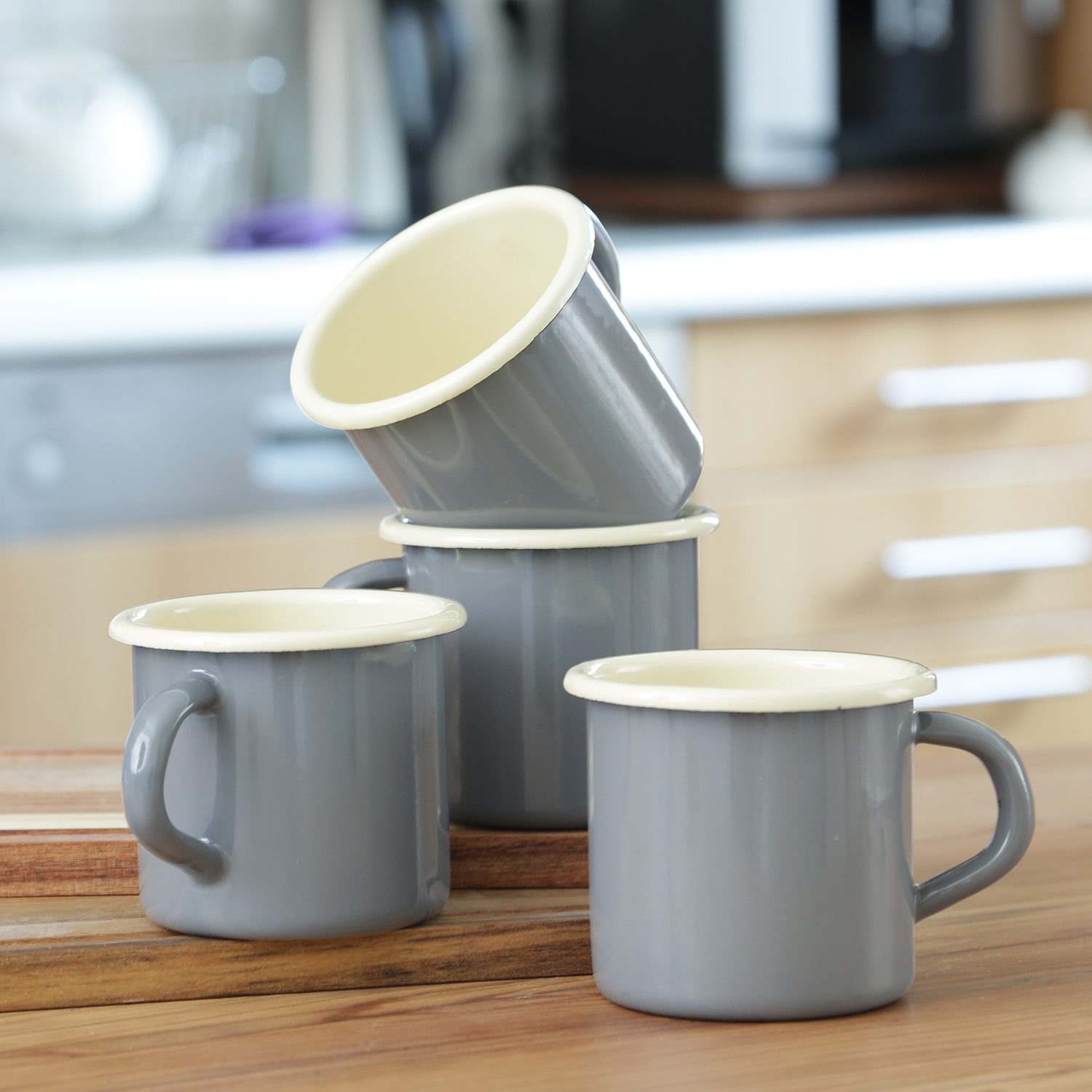 Krüger Becher - Blechbecher emailliert - D: 8cm - 0,35L - grau, creme - 4 Stück