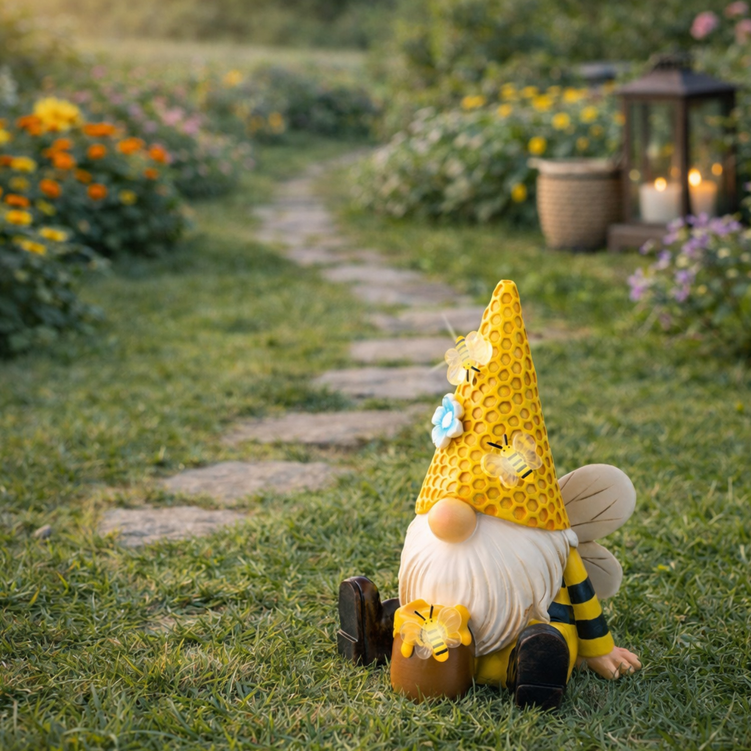 LED Solar Gartenzwerg Biene mit Honigtopf - Gartenfigur - warmweiße LED - Lichtsensor - H: 17,5cm