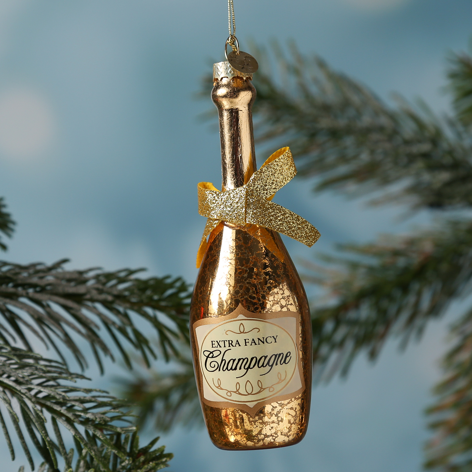 Weihnachtsbaumschmuck CHAMPANGER Flasche - Glas - inkl. Aufhänger - H: 13,5cm - gold Weihnachtsbaumschmuck CHAMPANGER Flasche - Glas - inkl. Aufhänger - H: 13,5cm - gold