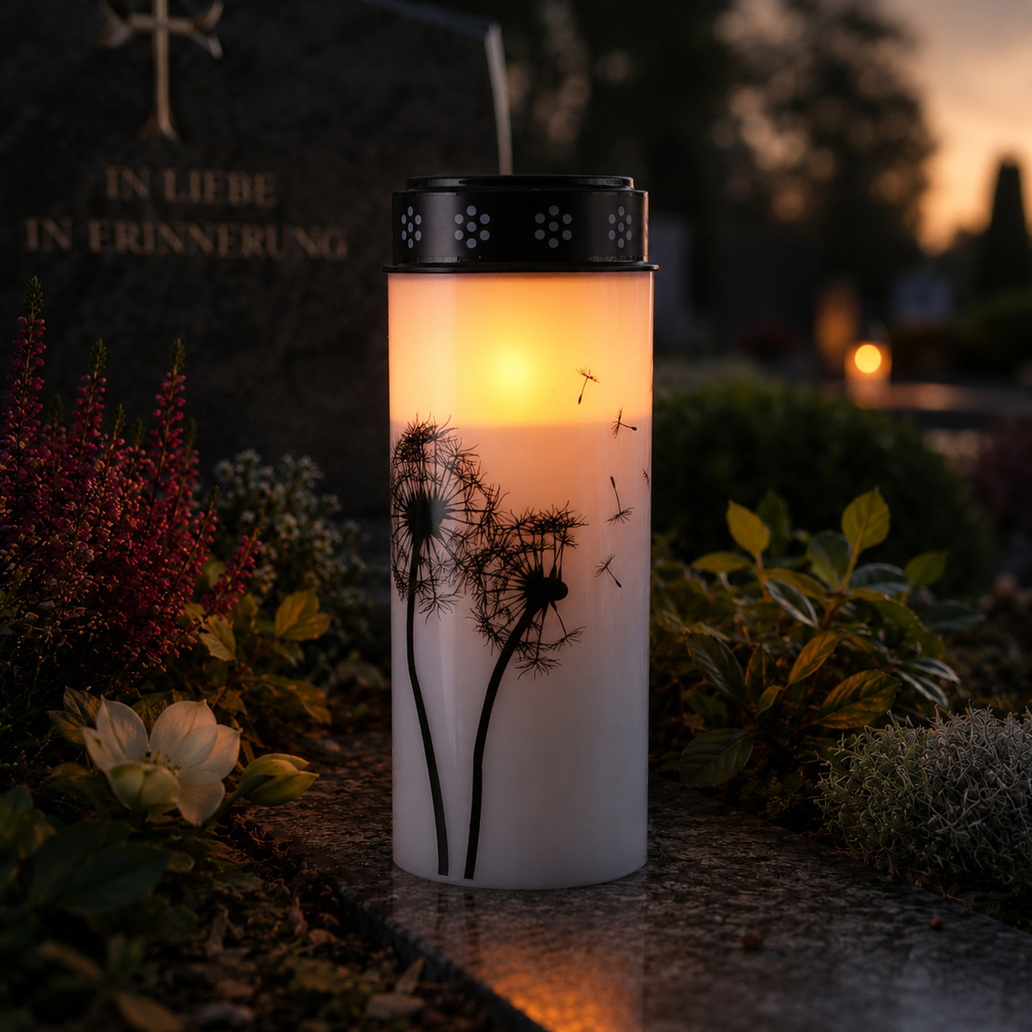 LED Grablichter/Grabkerzen Pusteblume - bis 2500 Stunden - H: 21cm, D: 7cm - Timer - 2er Set