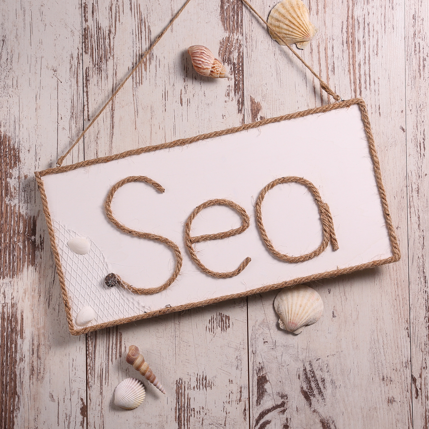 Wandschild SEA - Holzschild - Wanddeko - Schriftzug aus Juteseil - Seilhalterung - H: 20cm