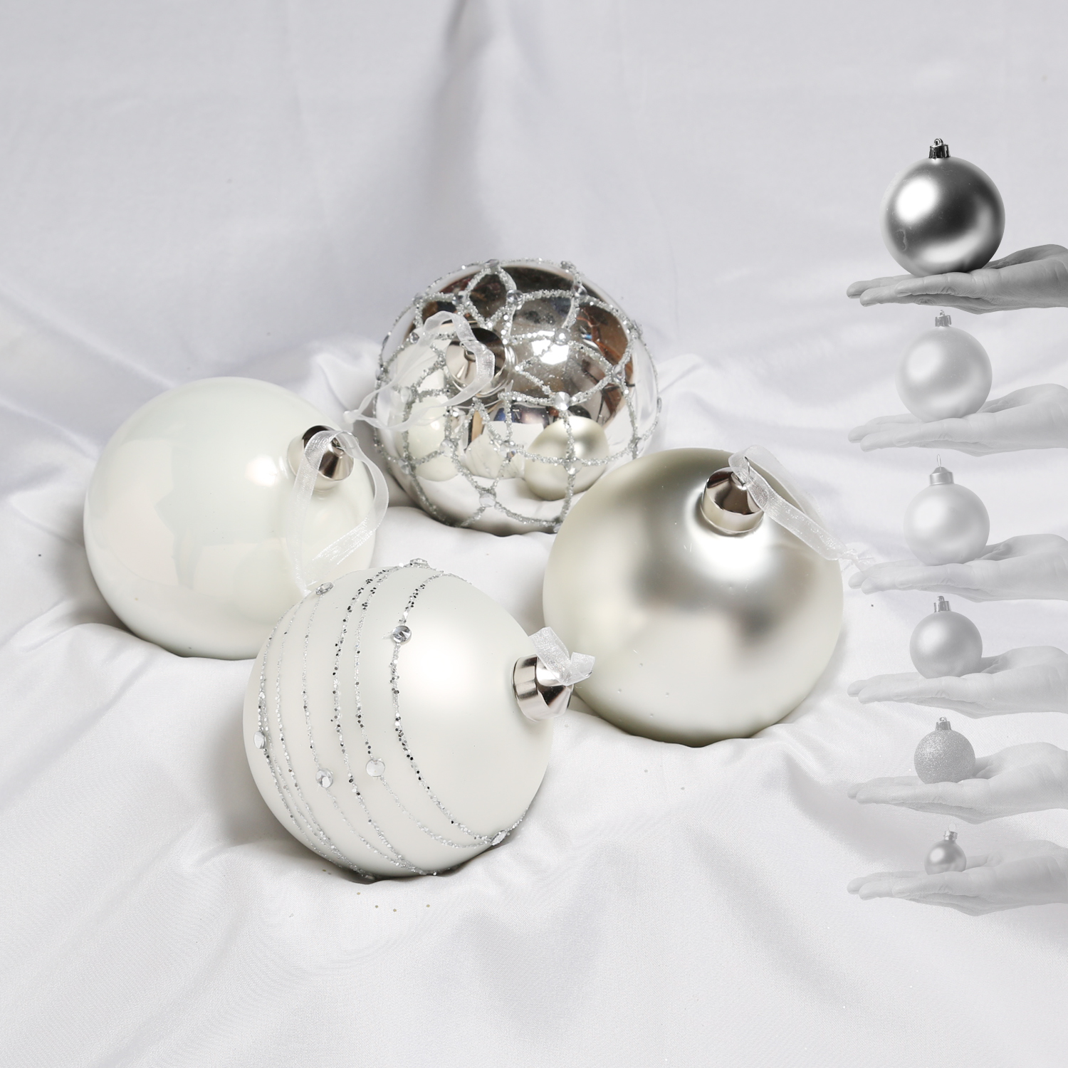 Christbaumkugel - Weihnachtskugel - Glas - D: 10cm - glänzend matt verziert - silber weiß - 4er Set