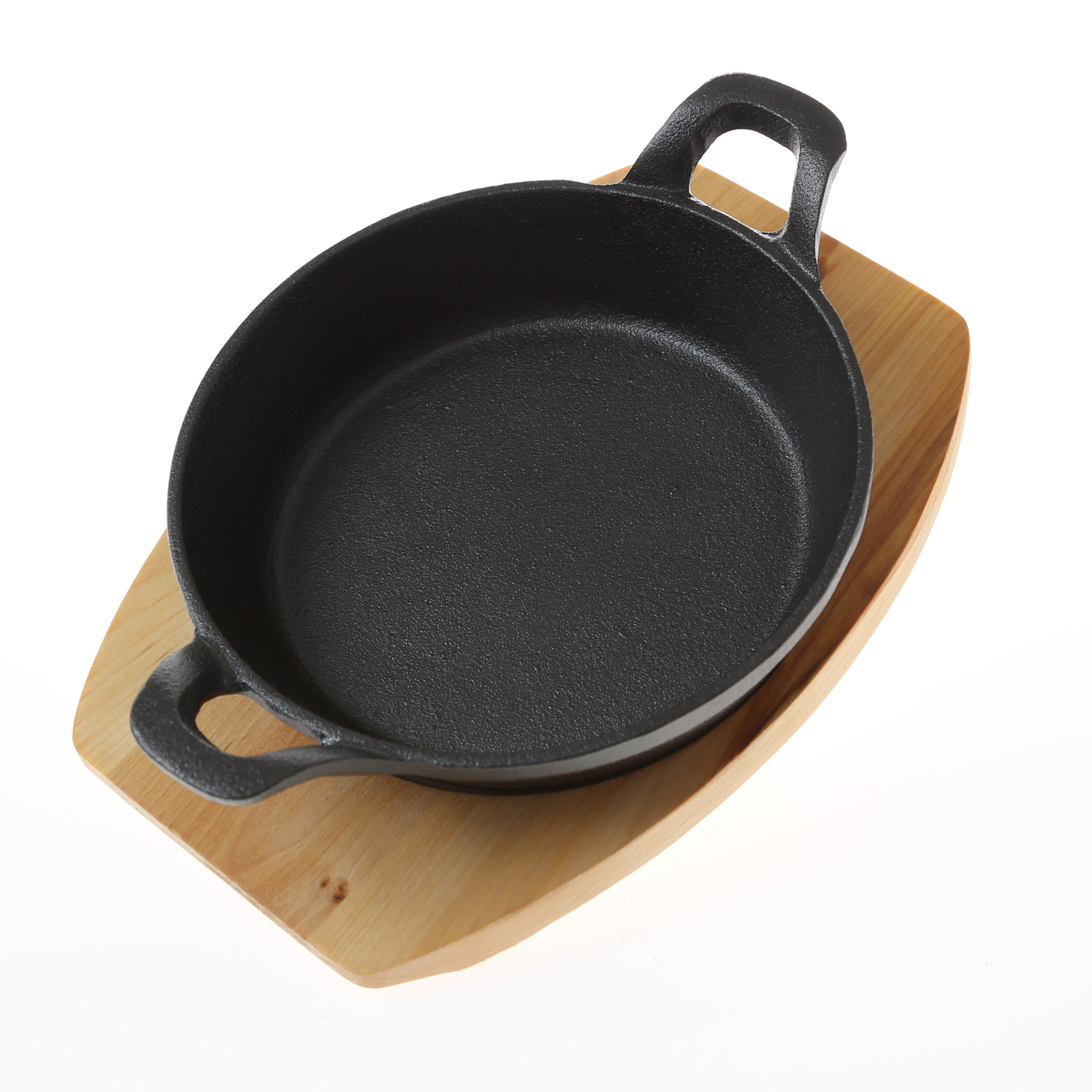 Gusspfanne mit 2 Griffen u. Holzuntersetzer - Gusseisen - D: 18cm - Servierpfanne - rund