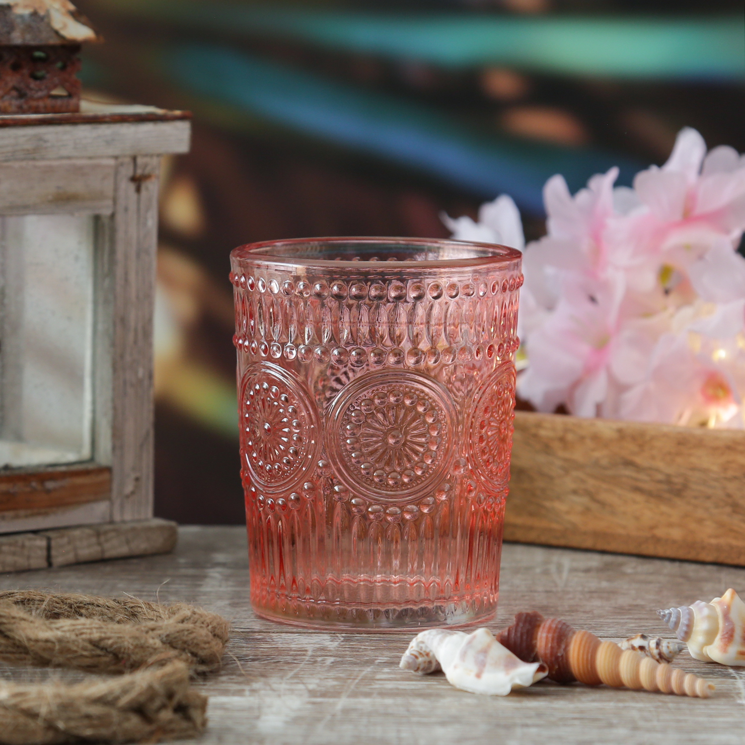 Trinkgläser Vintage - Glas - lebensmittelecht - 280ml - H: 10cm - mit Muster - rot - 4er Set