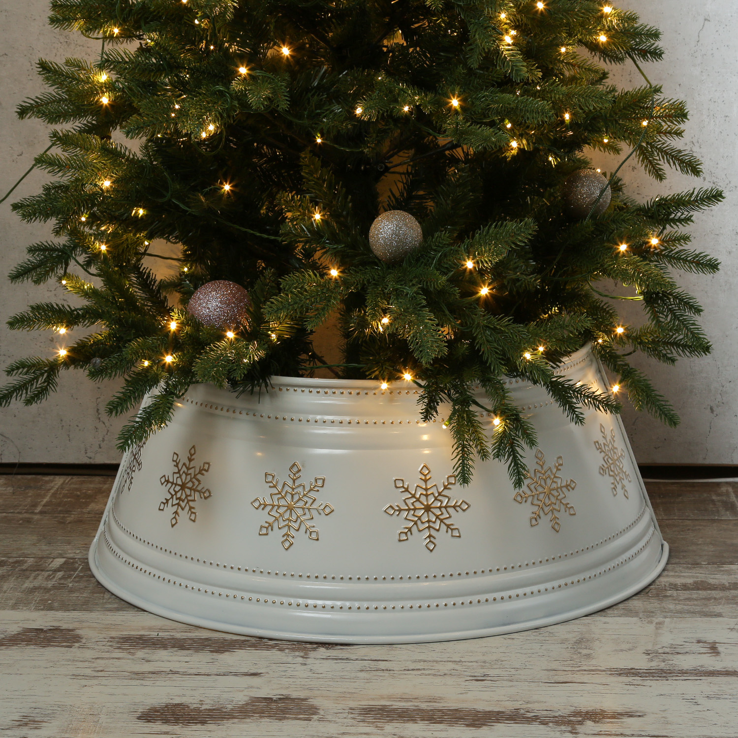 Weihnachtsbaumrock mit Schneeflocken - Abdeckung für Baumständer - D: 70cm - 2-teilig - weiß, gold Weihnachtsbaumrock mit Schneeflocken - Abdeckung für Baumständer - D: 70cm - 2-teilig - weiß, gold