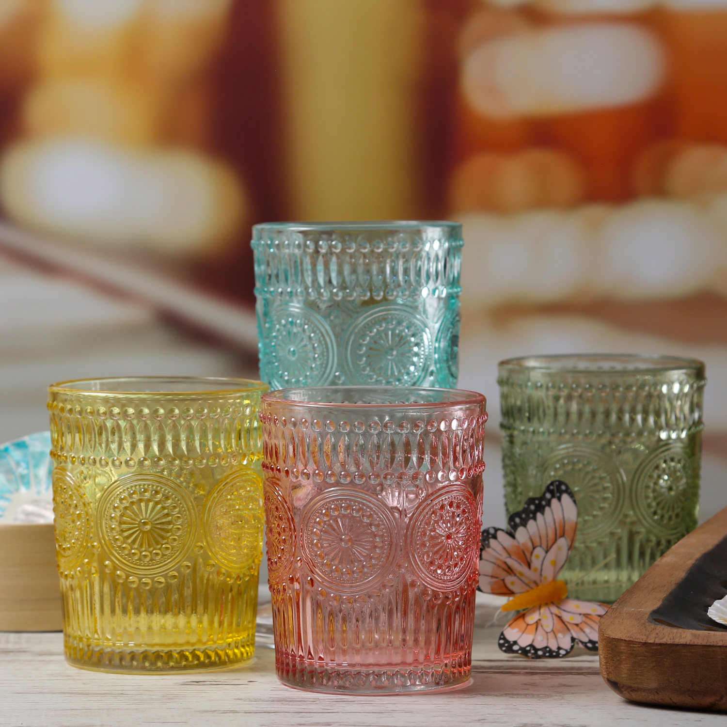 Trinkglas Vintage - Glas - lebensmittelecht - 280ml - H: 10cm - mit Muster - rosa