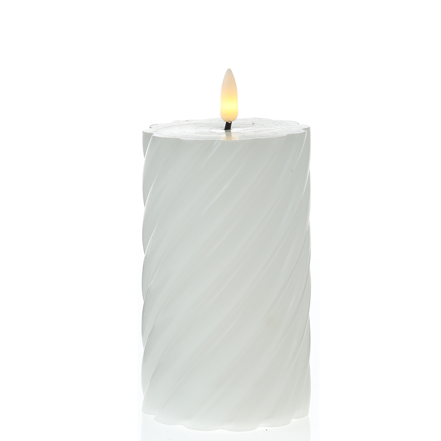 LED Stumpenkerze SWIRL - Echtwachs - warmweiße 3D Flamme - H: 15cm - Batterie - Timer - weiß LED Stumpenkerze SWIRL - Echtwachs - warmweiße 3D Flamme - H: 15cm - Batterie - Timer - weiß