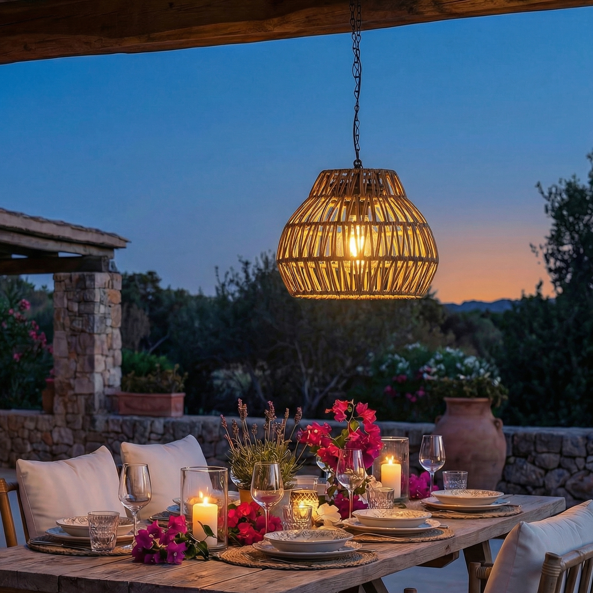 LED Solar Hängeleuchte - Lampenschirm aus Kunststoffseil - warmweiße LED - H: 18cm - Lichtsensor