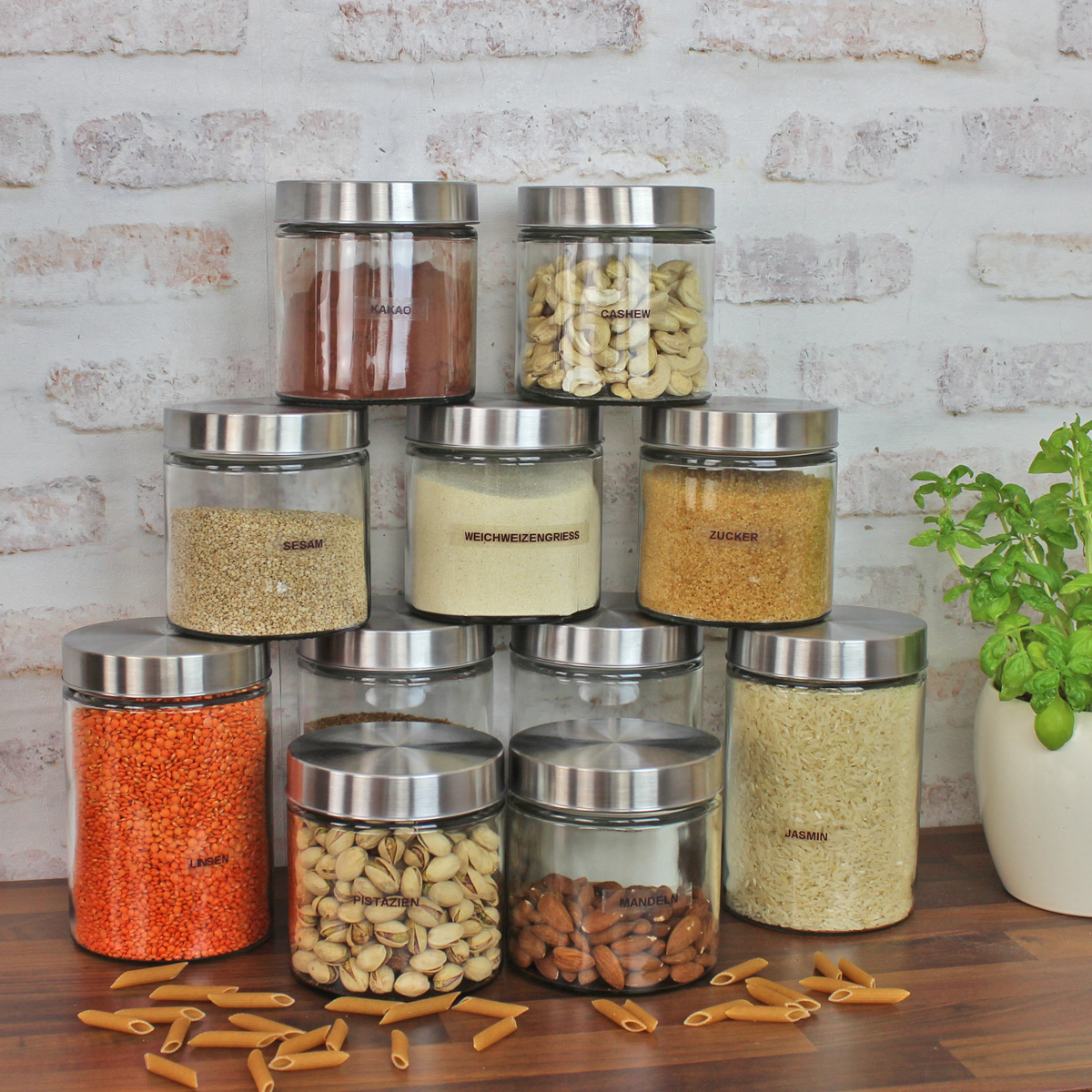 Vorratsdose S - Glas mit Edelstahldeckel - 0,85 Liter - D: 11cm - H: 12cm - 3er Set