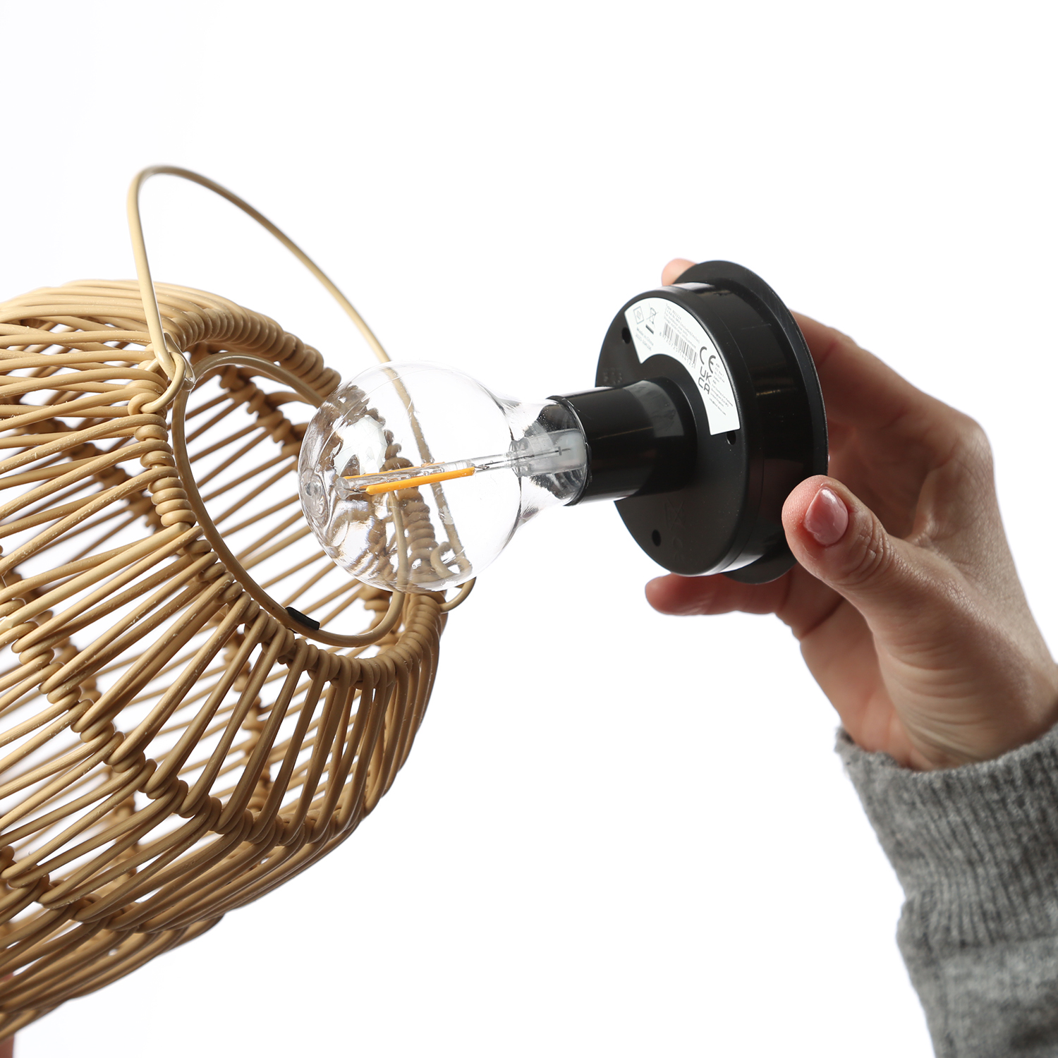 LED Solar Laterne - Tischleuchte in Korboptik - warmweiß - H: 24,5cm - Lichtsensor - natur