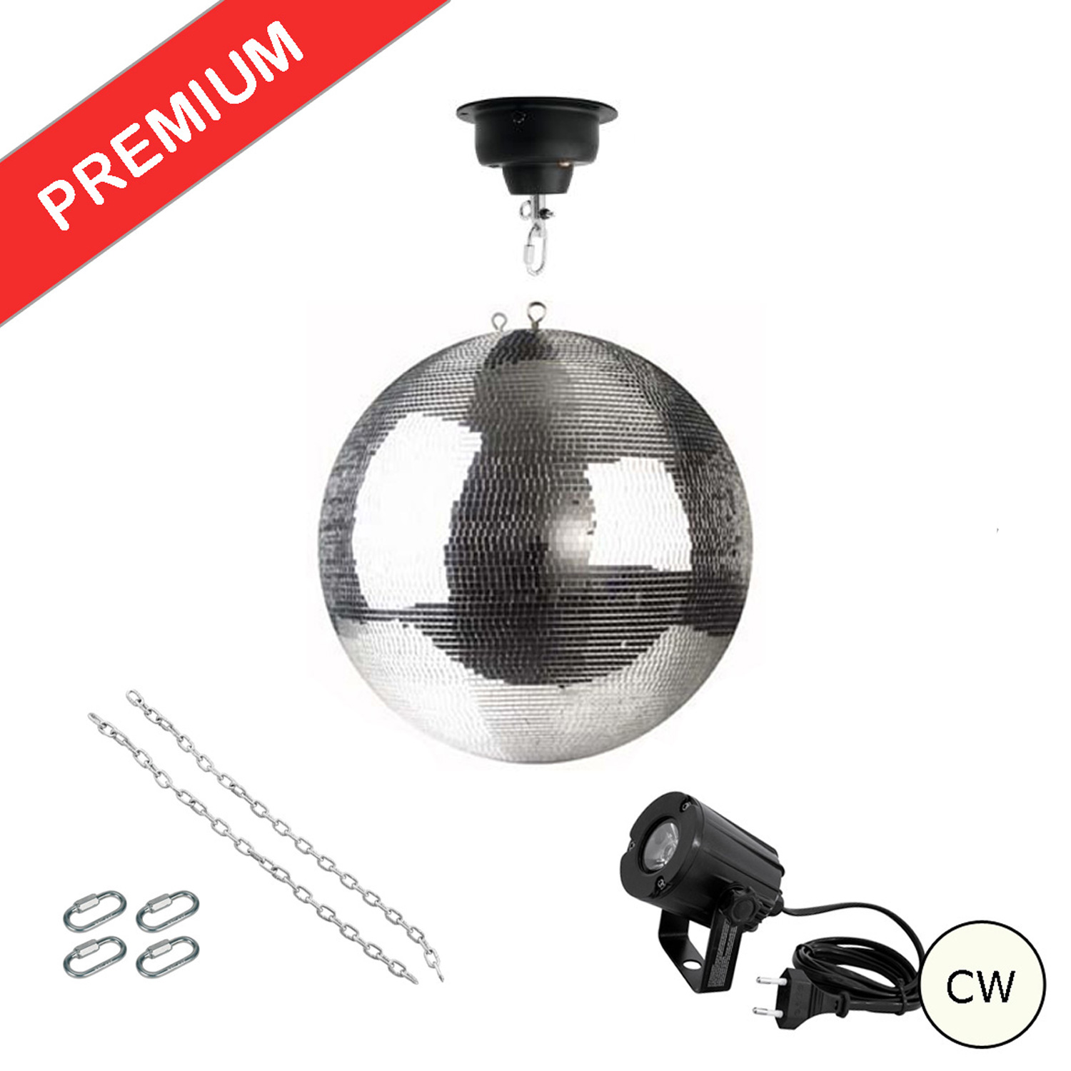 Spiegelkugel Komplettset - Discokugel, Motor, Pinspot, Montagematerial für Diskokugel - Mirrorball Set - Partyset
