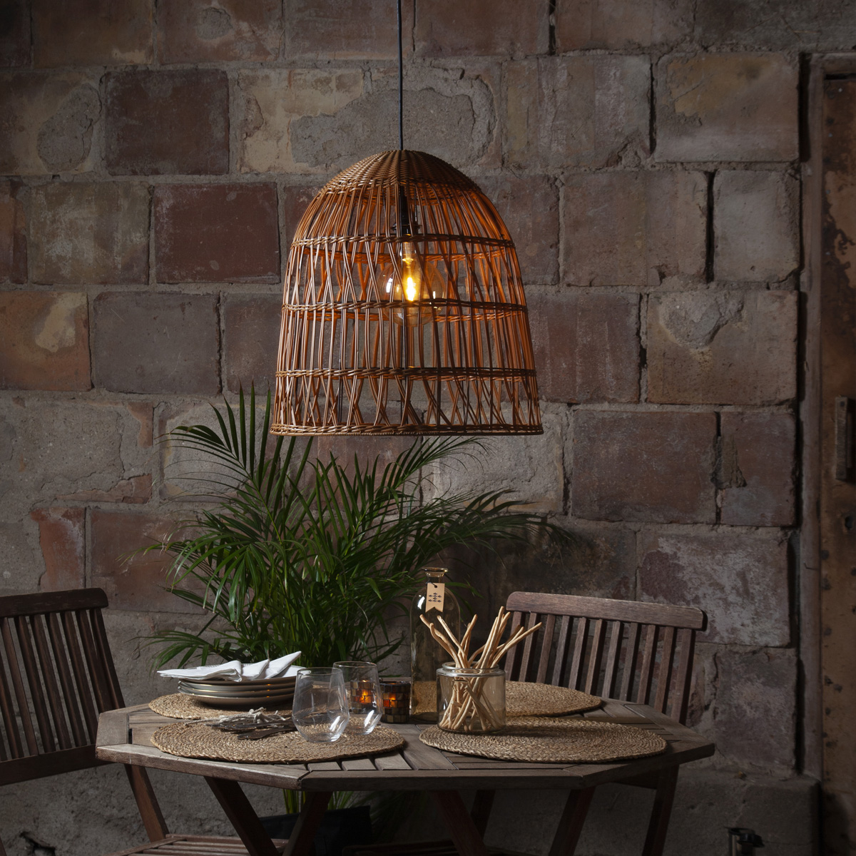 Lampenschirm BELL wetterfest - Rattan-Optik - mit E27 Kabelfassung - D: 48cm/H: 50cm - braun