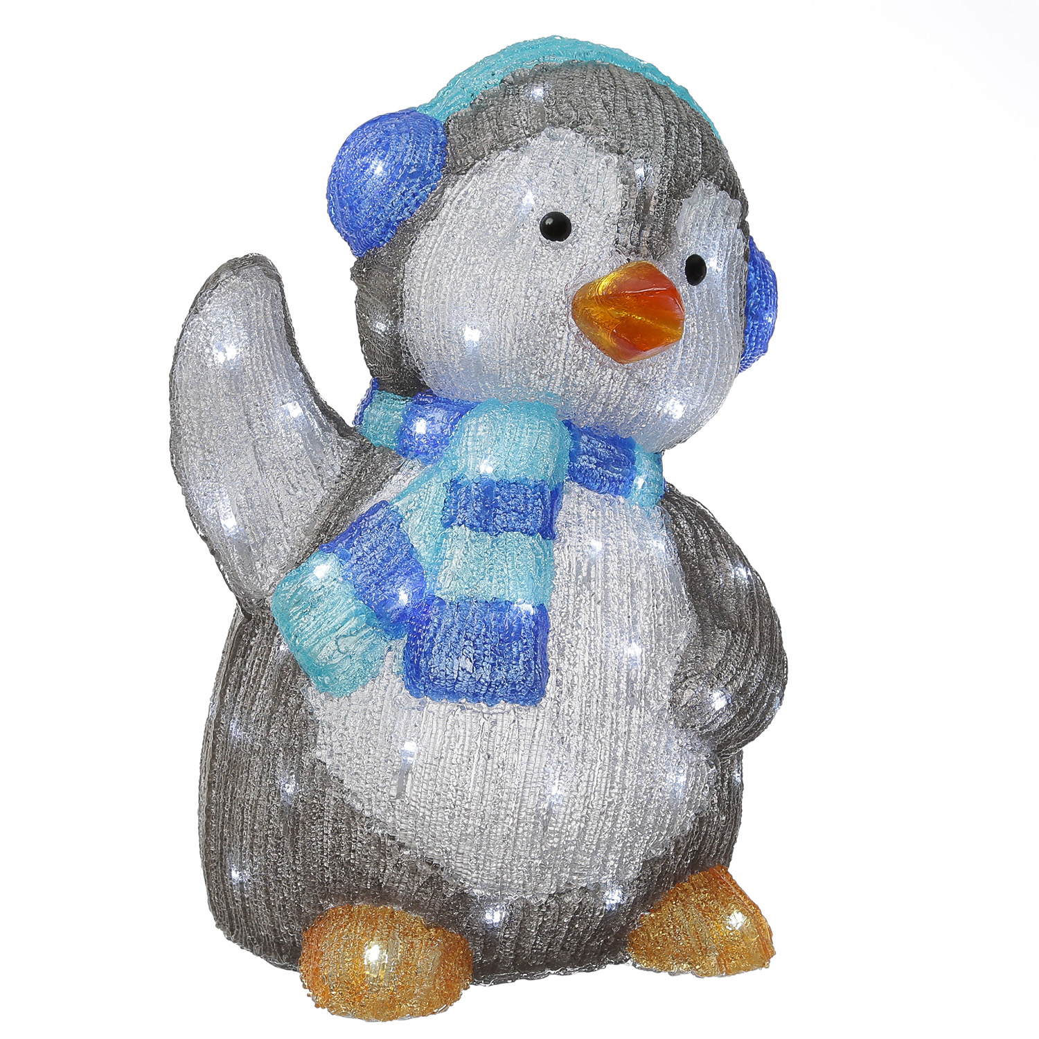 LED Pinguin mit Schal und Ohrenwärmer - Acrylfigur - 70 kaltweiße LED - H: 46cm - Timer - Außentrafo