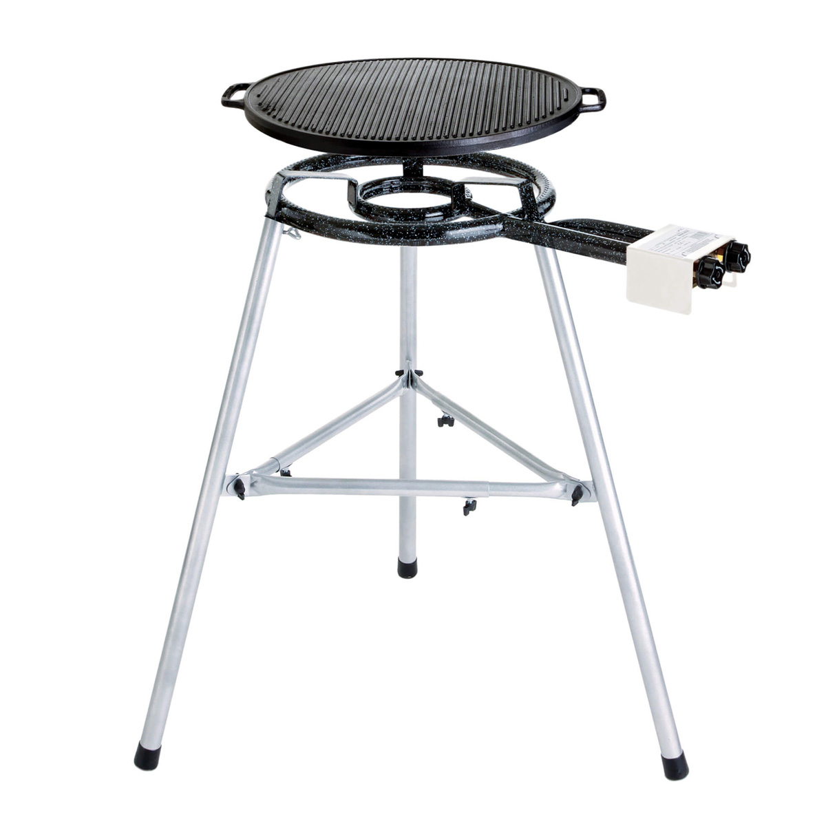 Gussplatten-Set - Dreibeinkocher, Gussplatte (Plancha), Gasbrenner Gussplatten-Set - Dreibeinkocher, Gussplatte (Plancha), Gasbrenner