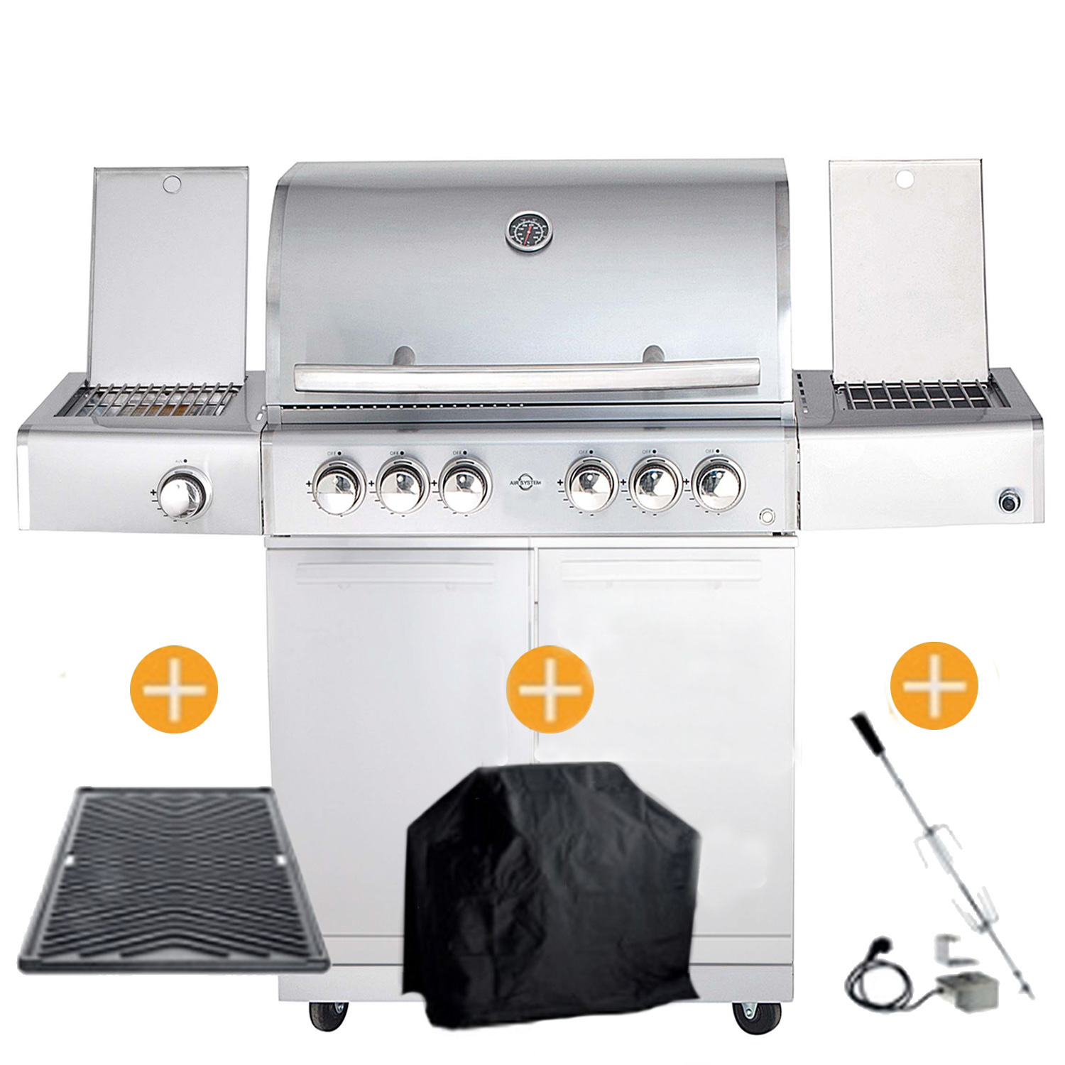 CHEF Paket L3 silber 4 Brenner Backburner Seitenkocher Steakzone AIR System GRATISCover- Grillplatte- Spieß