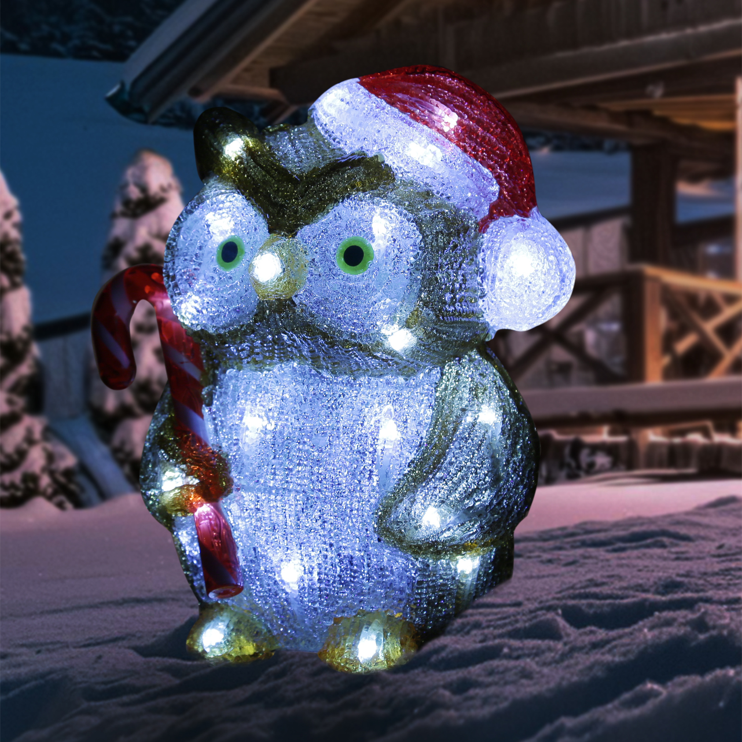 LED Eule mit Zuckerstange - Acrylfigur - 32 kaltweiße LED - H: 24cm - Timer - Batteriebetrieb LED Eule mit Zuckerstange - Acrylfigur - 32 kaltweiße LED - H: 24cm - Timer - Batteriebetrieb