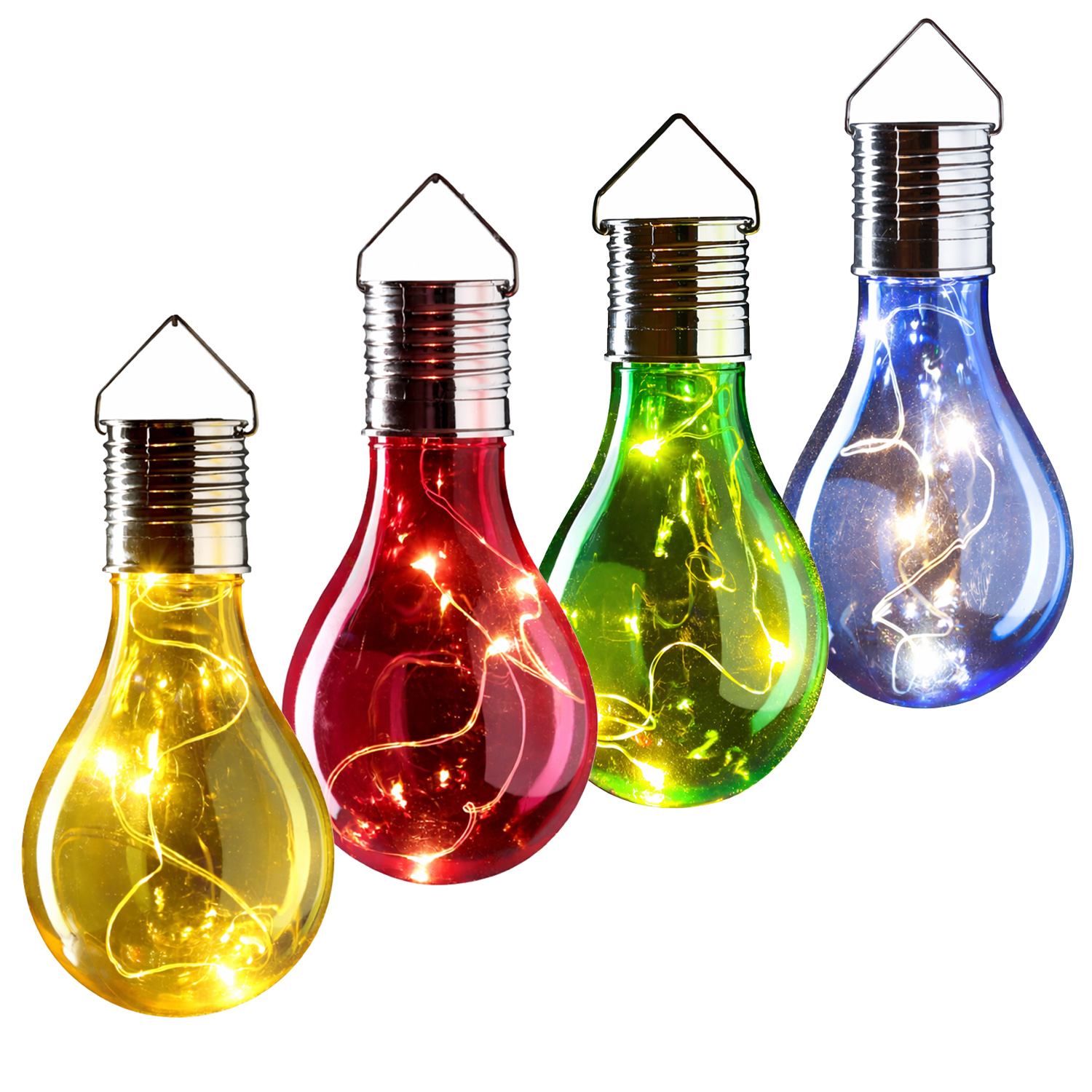 LED Solar Glühbirnen GLOW - warmweiße LED Drahtlichterkette - H: 14cm - Lichtsensor - buntes 4er Set