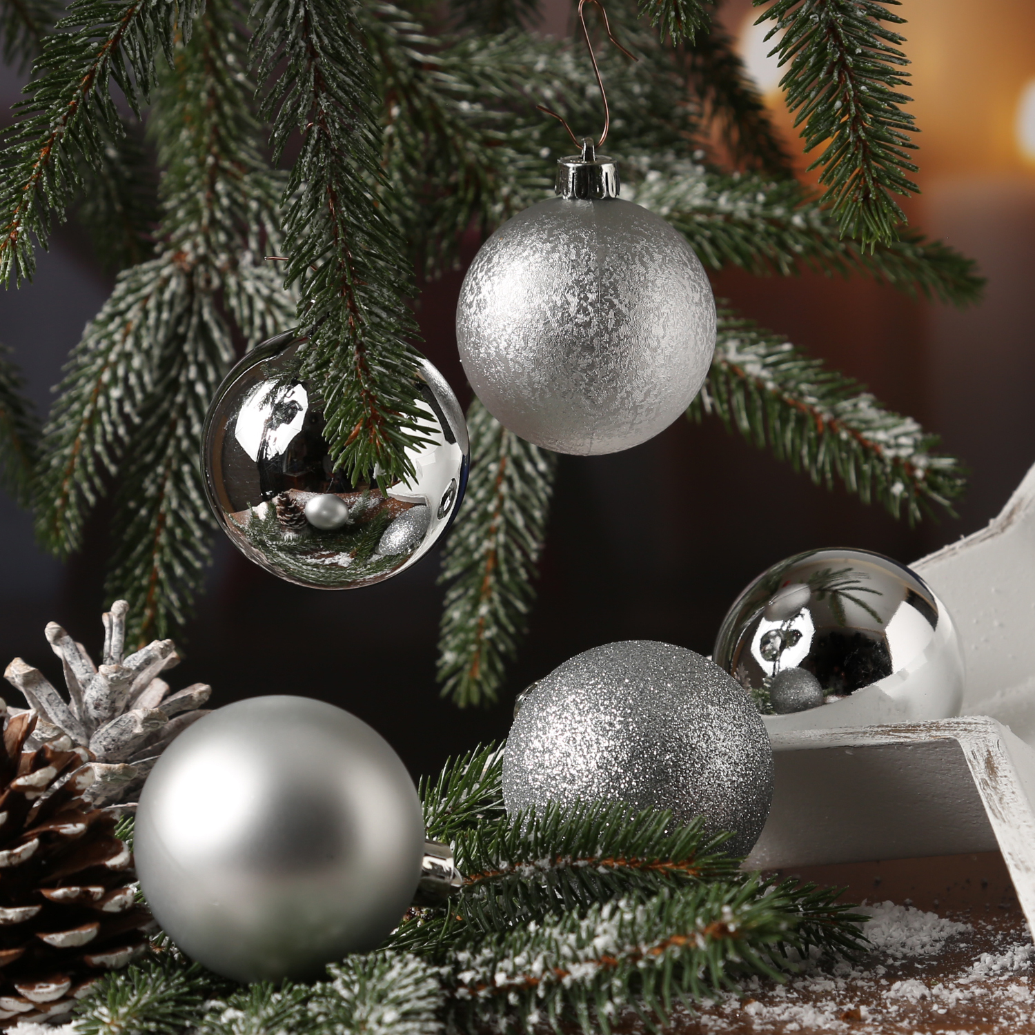 Christbaumkugel - Weihnachtsbaumkugel  - bruchfest - D:6cm - glänzend matt glitzernd - silber - 30St