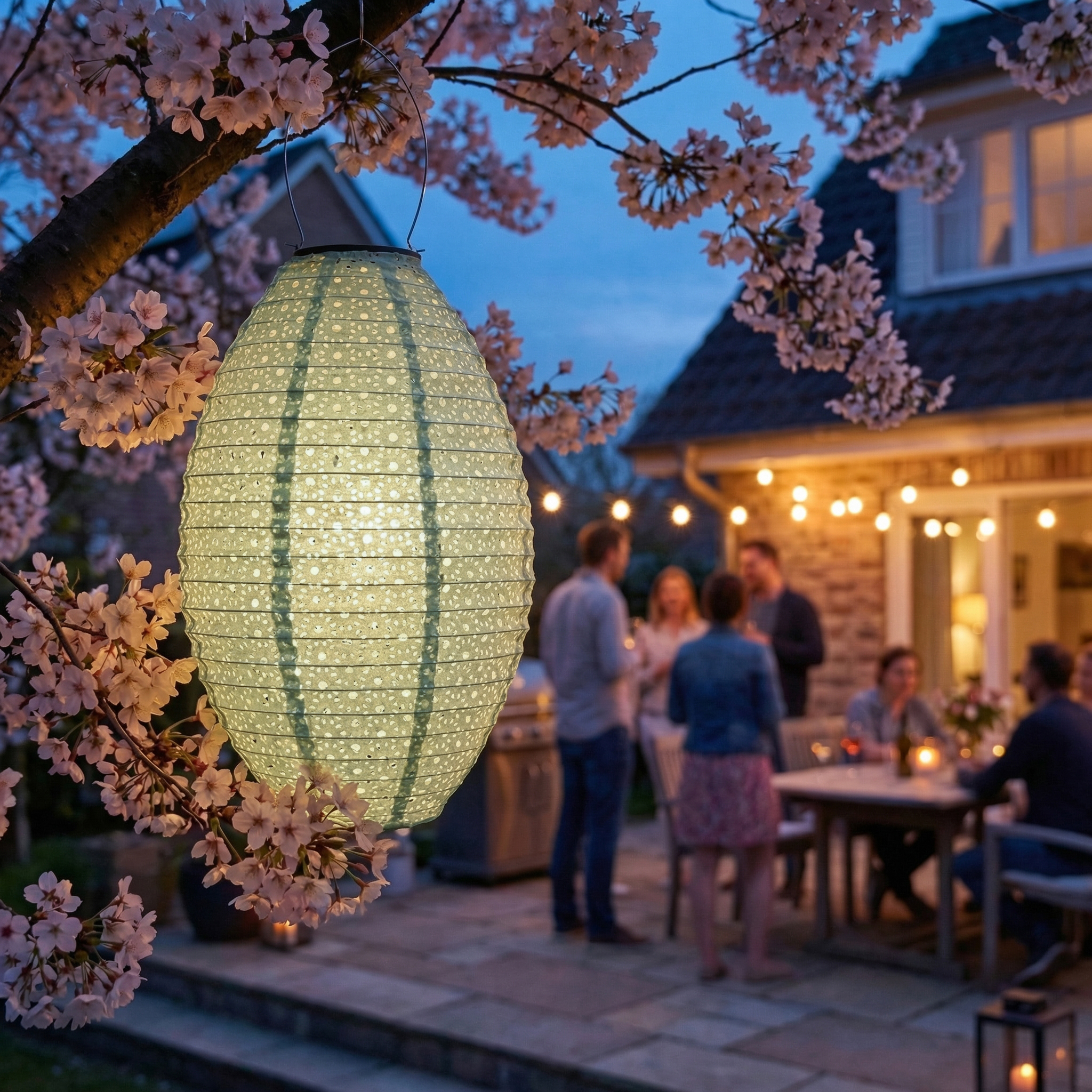 LED Solar Lampions mit Blumenmuster - oval/rund/Ballonform - Lichtsensor - grün - 3er Set