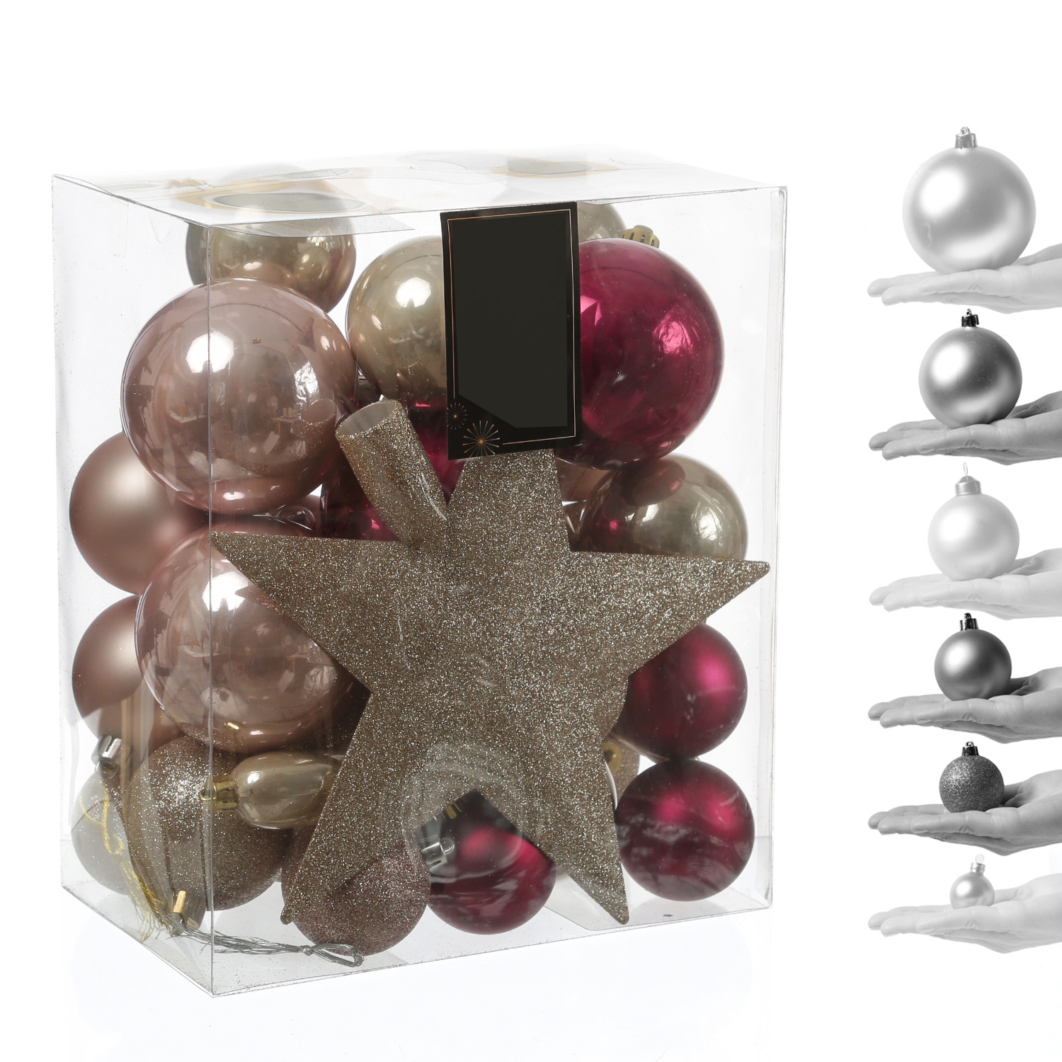 Christbaumkugeln - Weihnachtsbaumkugeln mit Stern Baumspitze - bruchfest - pink, rosa - 33er Set Christbaumkugeln - Weihnachtsbaumkugeln mit Stern Baumspitze - bruchfest - pink, rosa - 33er Set