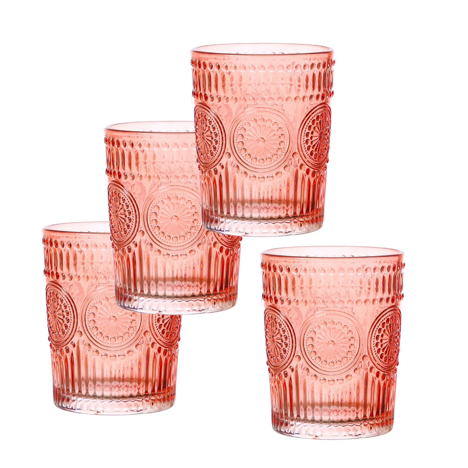 Trinkgläser Vintage - Glas - lebensmittelecht - 280ml - H: 10cm - mit Muster - rot - 4er Set