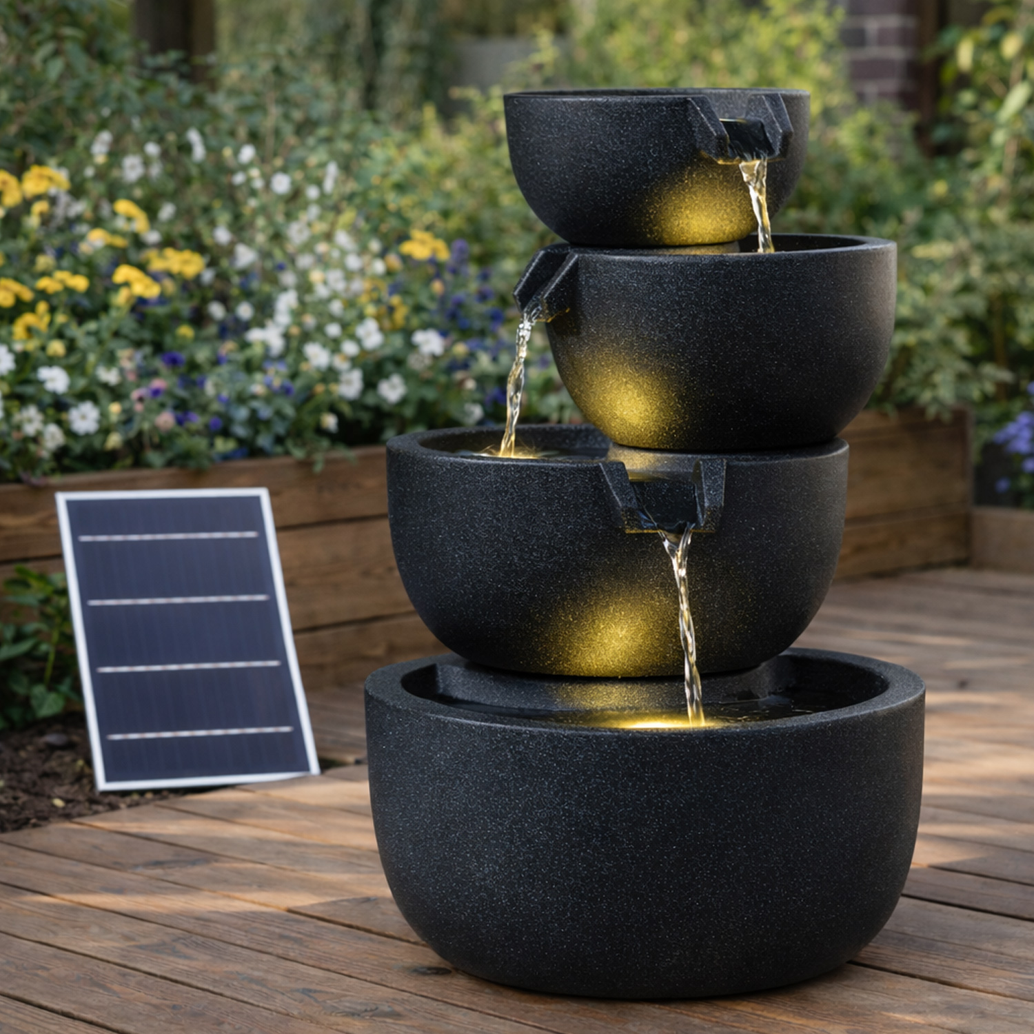 Outdoor Schalenbrunnen - 3 Kaskaden Solar LED Beleuchtung