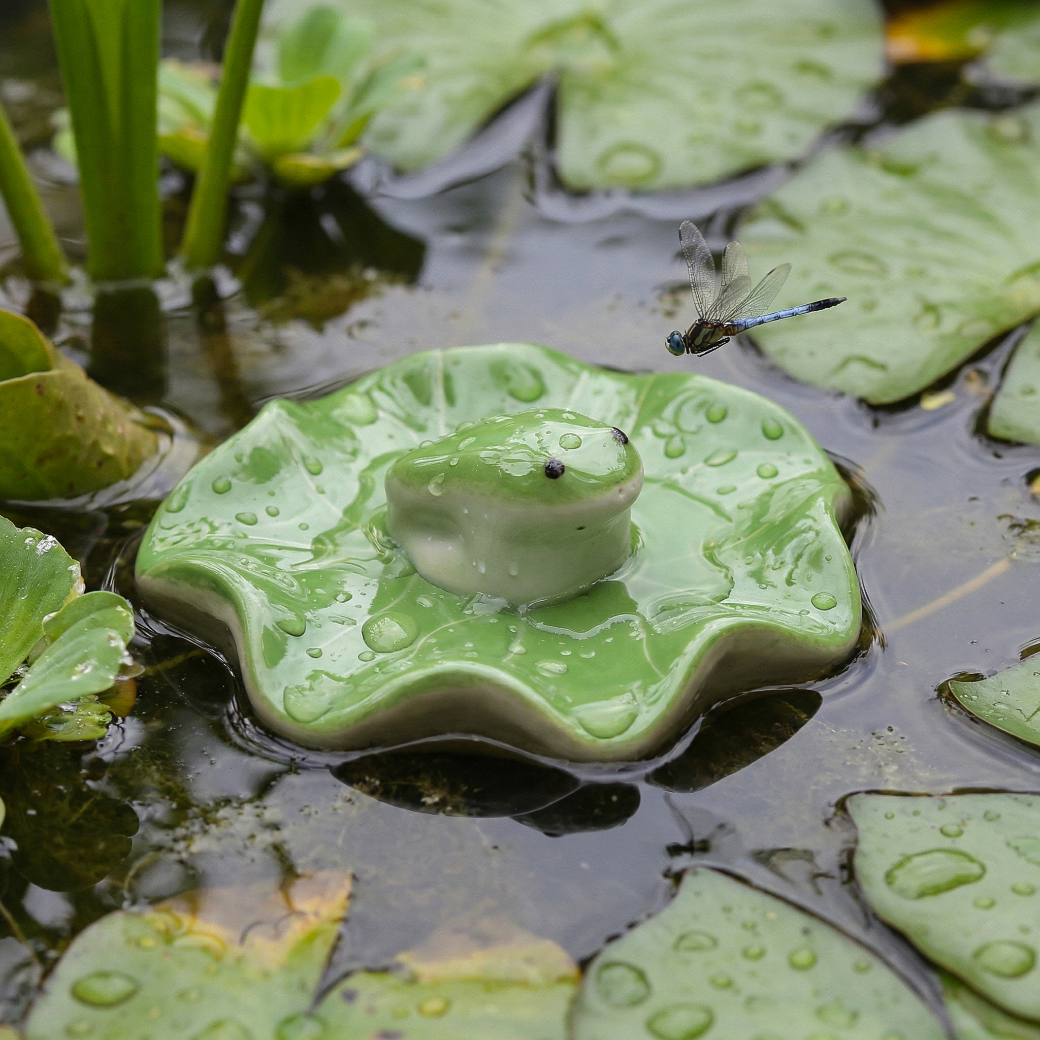 Teichdeko Frosch - schwimmender Frosch für Teich und Wasserschale - Porzellan - D: 7,8cm