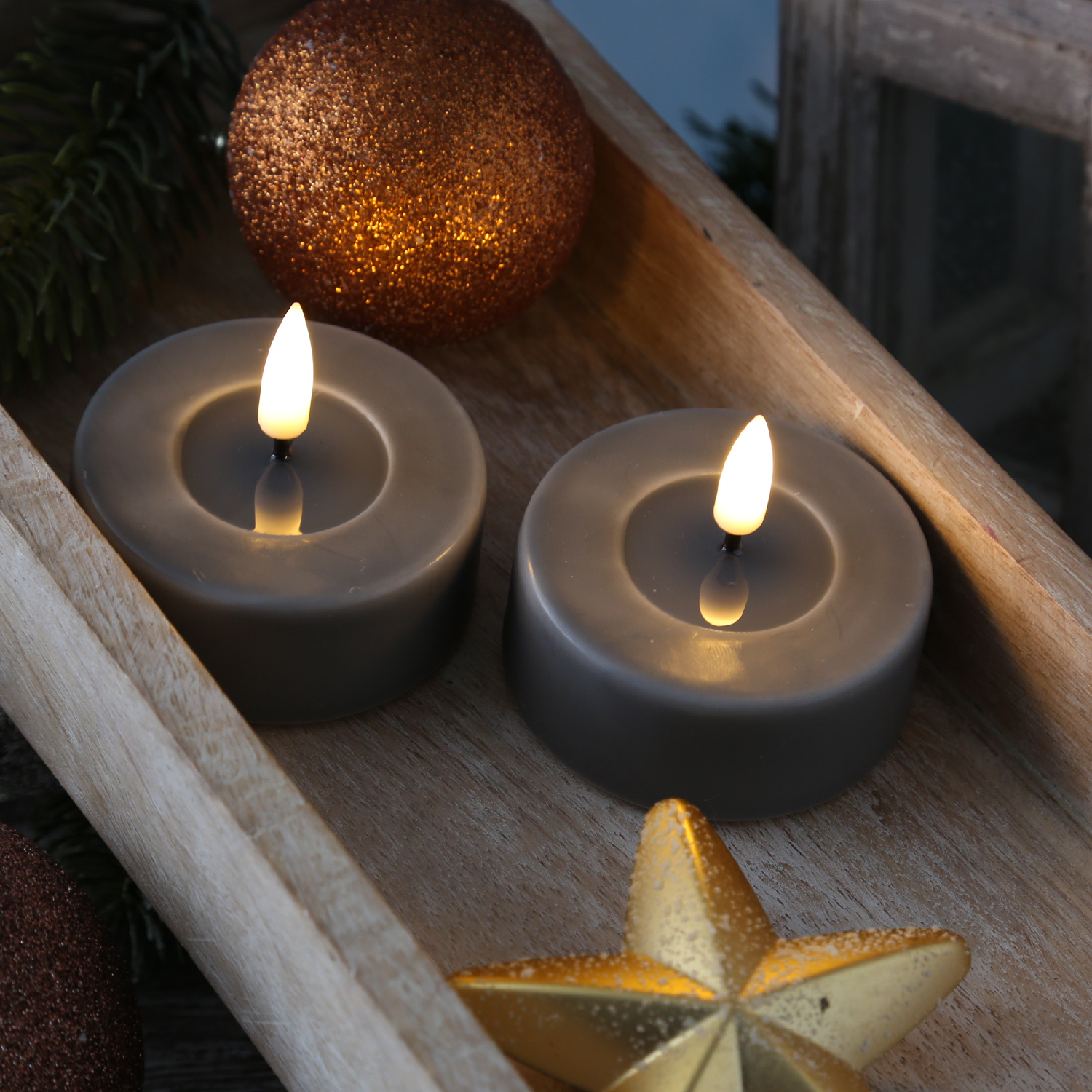 LED Teelichter MIA - Kunststoff - realistische 3D Flamme - D: 6,1cm - grau - 2 Stk. LED Teelichter MIA - Kunststoff - realistische 3D Flamme - D: 6,1cm - grau - 2 Stk.