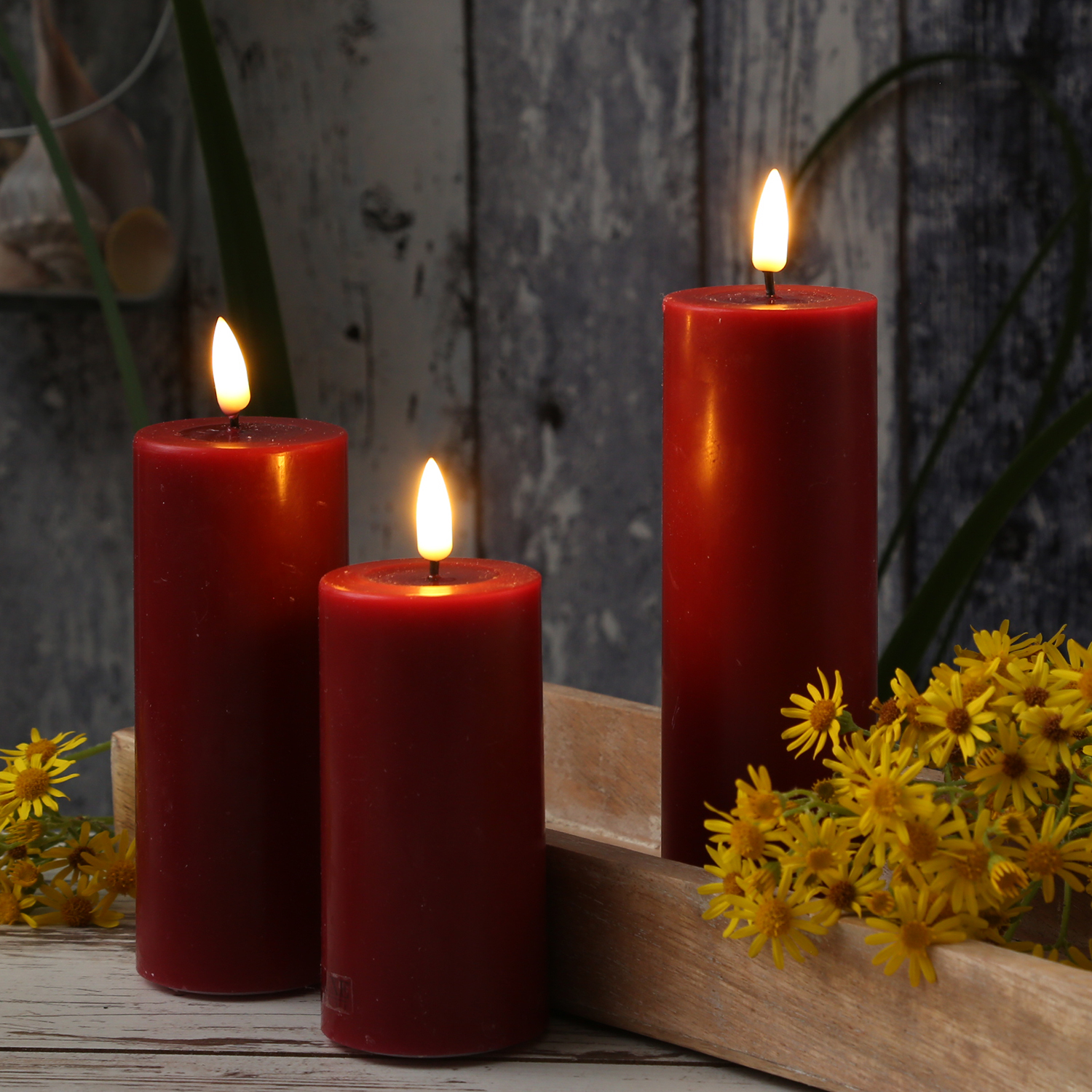 LED Stumpenkerze MIA - Echtwachs - realistische 3D Flamme - H: 12,5cm - D: 5cm - bordeauxrot LED Stumpenkerze MIA - Echtwachs - realistische 3D Flamme - H: 12,5cm - D: 5cm - bordeauxrot