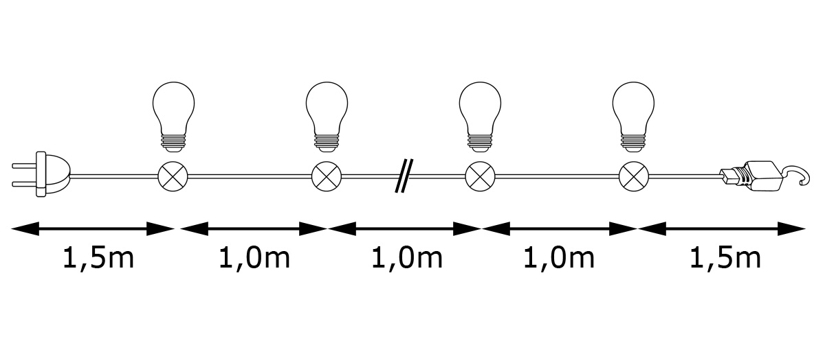 ILLU-Lichterkette BLACKY - 5m - 5xE27 | IP44 | kleine bruchfeste Tropfenlampen hellweiß | SATISFIRE