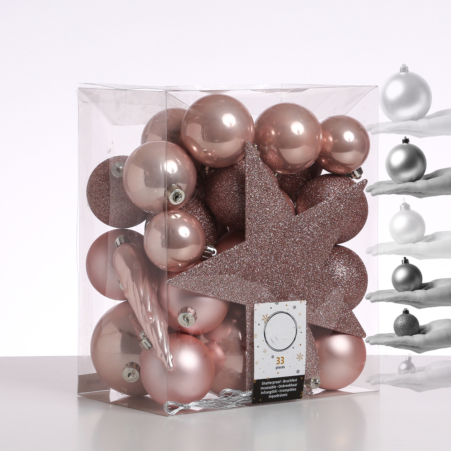 Christbaumkugel - Weihnachtsbaumkugel - bruchfest - glänzend matt glitzernd - puderrosa - 33er Set