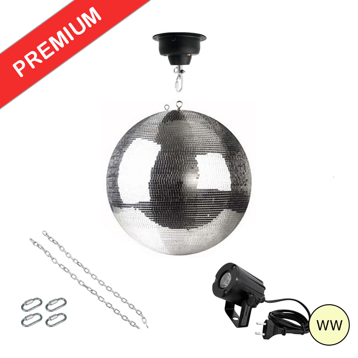 Spiegelkugel Komplettset - Discokugel, Motor, Pinspot, Montagematerial für Diskokugel - Mirrorball Set - Partyset