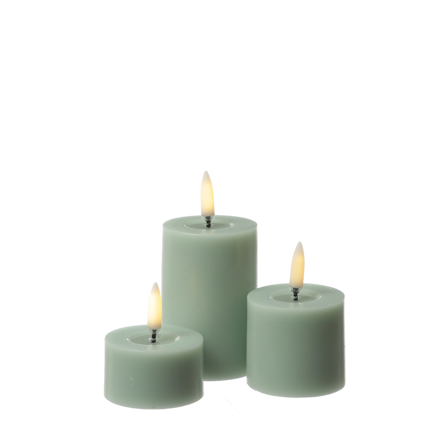 LED Mini Kerzenset THEA - Echtwachs - 3 Größen - D: 5cm - Timer - salbeigrün - 3er Set LED Mini Kerzenset THEA - Echtwachs - 3 Größen - D: 5cm - Timer - salbeigrün - 3er Set