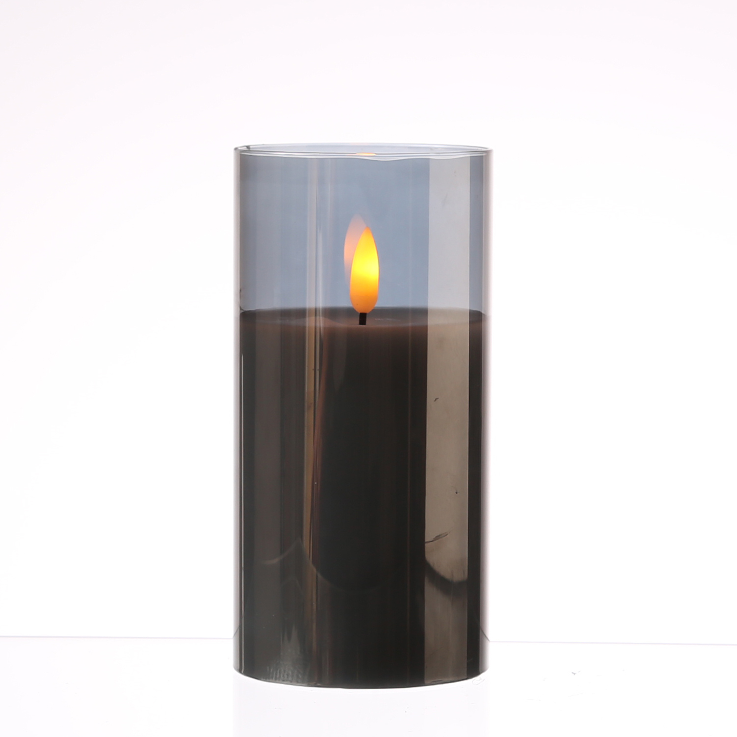 LED Kerze im Glas - Windlicht - Echtwachs - flackernde 3D Flamme - Timer - H: 15cm - rauchgrau LED Kerze im Glas - Windlicht - Echtwachs - flackernde 3D Flamme - Timer - H: 15cm - rauchgrau
