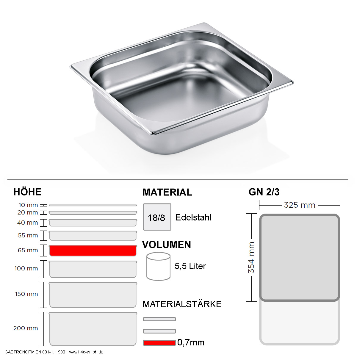 Gastronorm Behälter GN 2/3 - 65mm - GN90 - 18/8 Edelstahl - 0,7mm