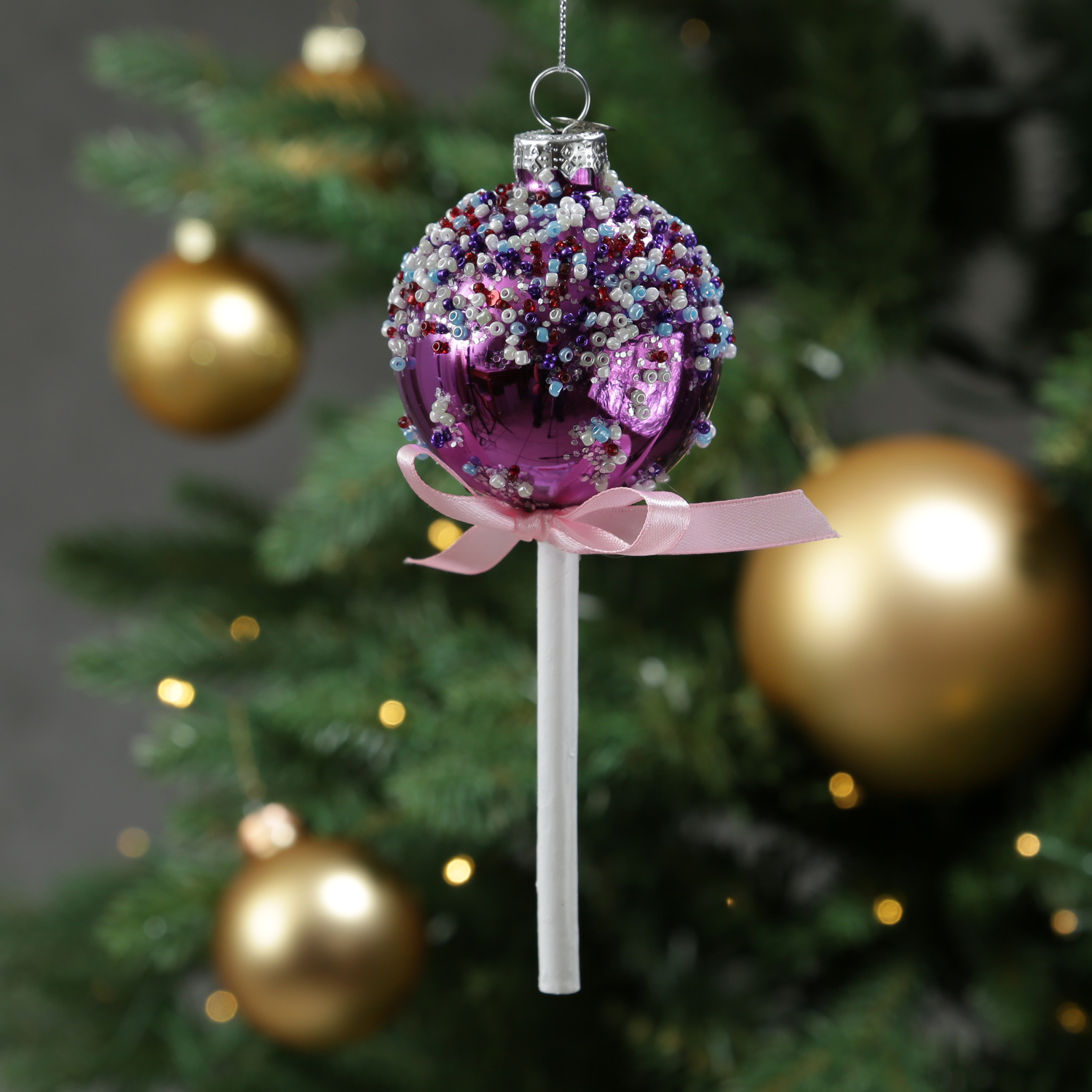 Weihnachtsbaumschmuck Lolli - mit Perlen verziert - Glas - Christbaumschmuck - H: 16cm - lila Weihnachtsbaumschmuck Lolli - mit Perlen verziert - Glas - Christbaumschmuck - H: 16cm - lila