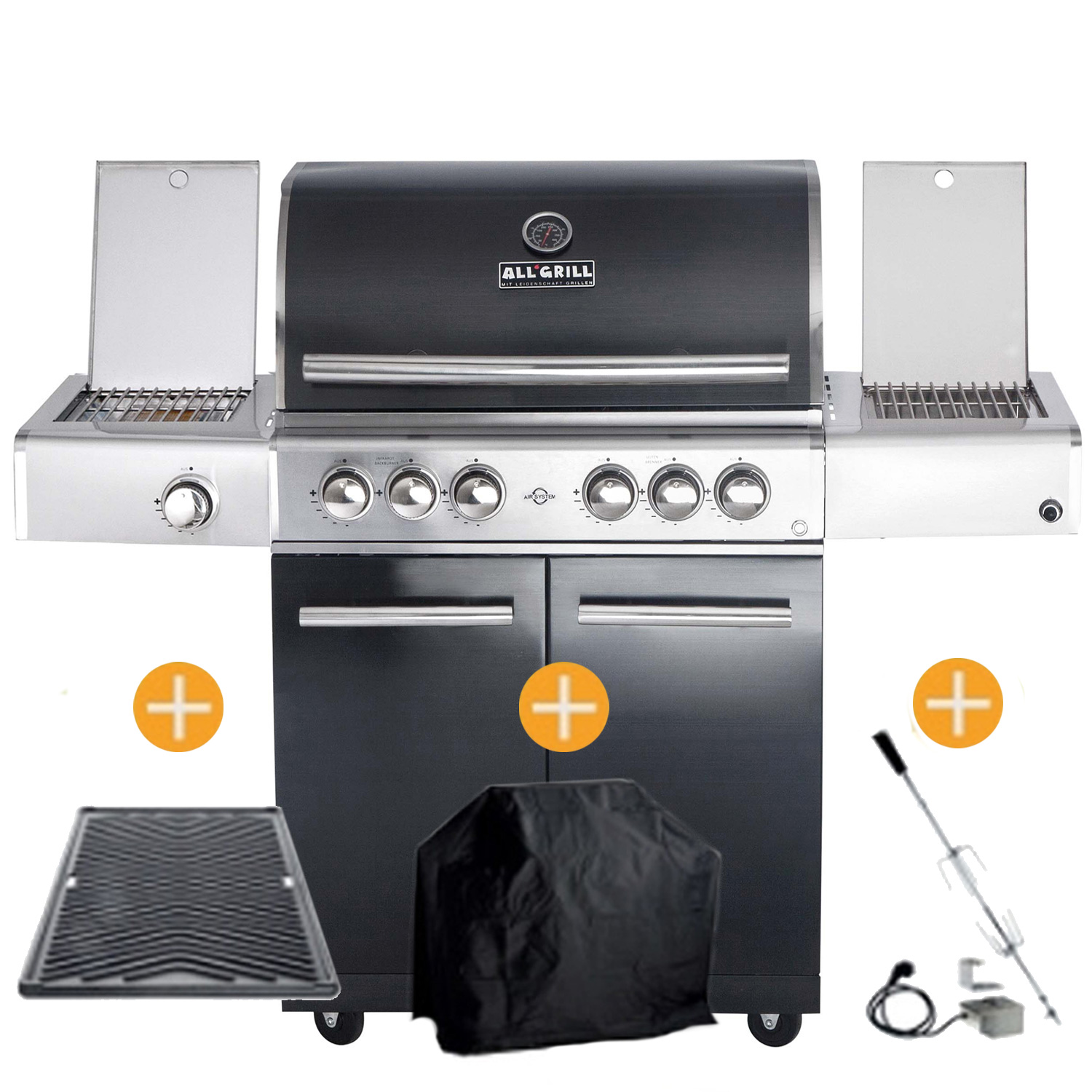 CHEF Paket L1 schwarz 4 Brenner Backburner Seitenkocher GRATIS: Cover, Grillplatte, Spieß