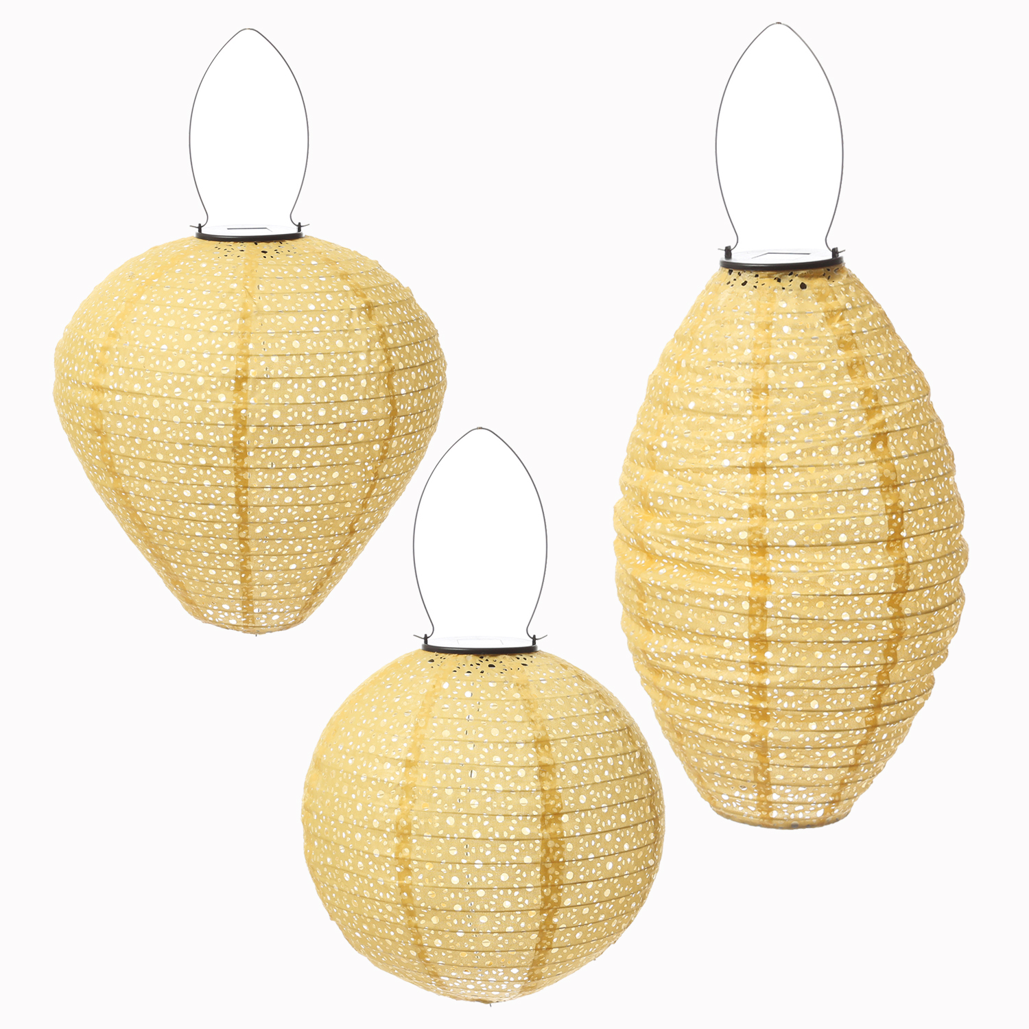 LED Solar Lampions mit Blumenmuster - oval/rund/Ballonform - Lichtsensor - gelb - 3er Set