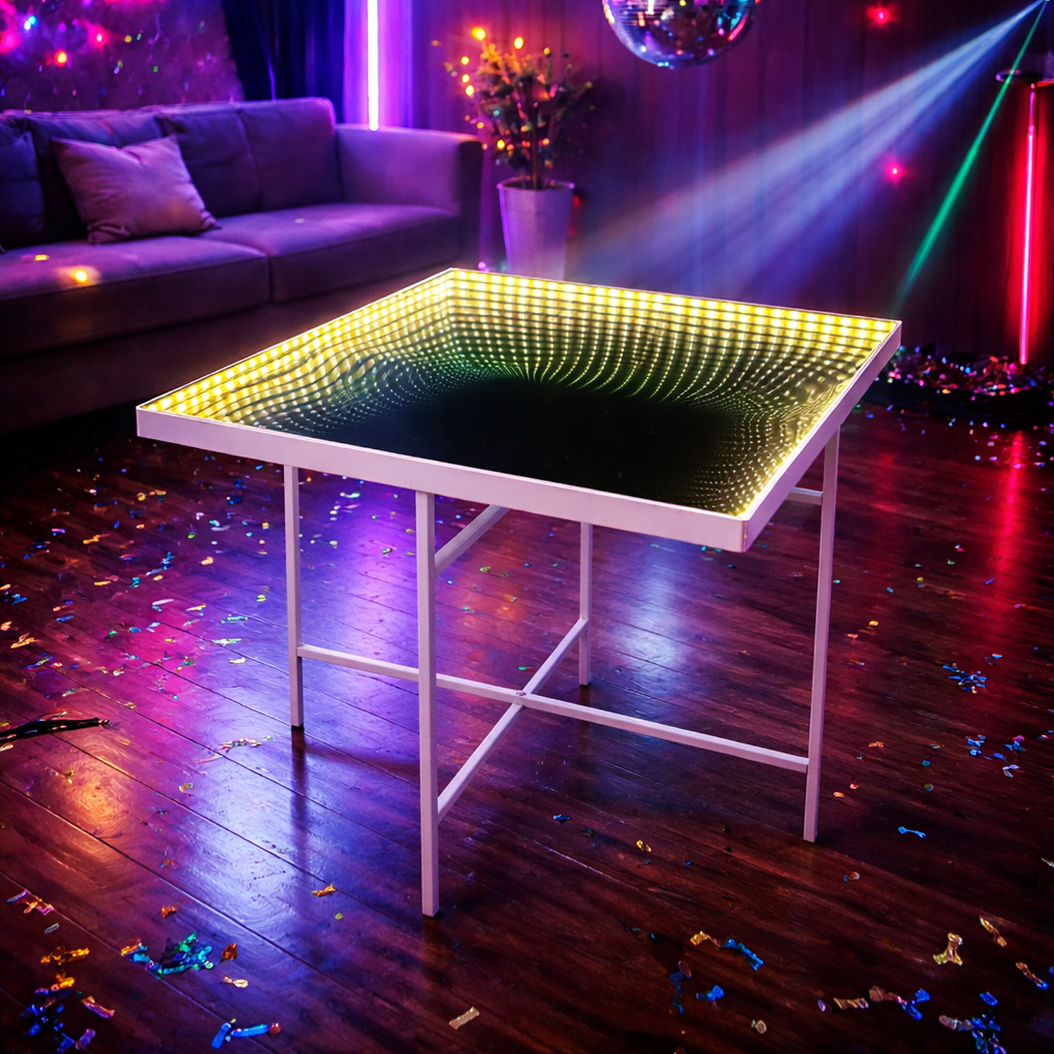 LED Tisch  - eckig - Endlos Optik - Infinity Spiegeltisch mit LED - L 475cm - Batterie - Timer