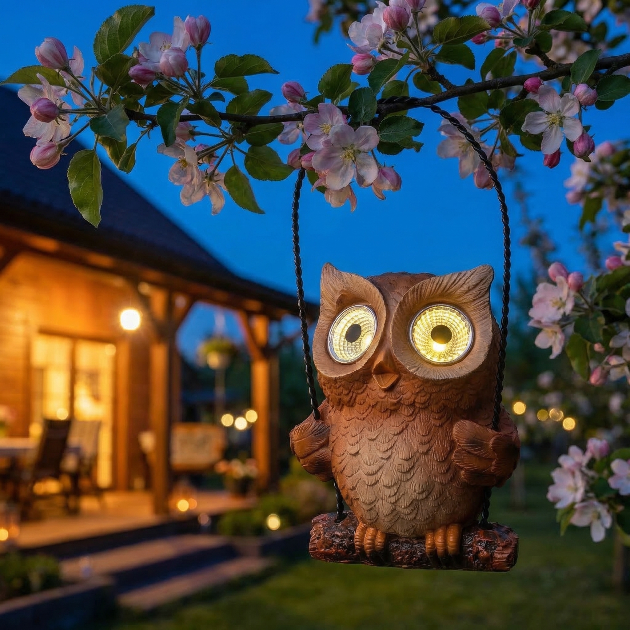 LED Solar Eule auf Schaukel - Gartenfigur mit leuchtenden Augen - H: 19cm - Lichtsensor